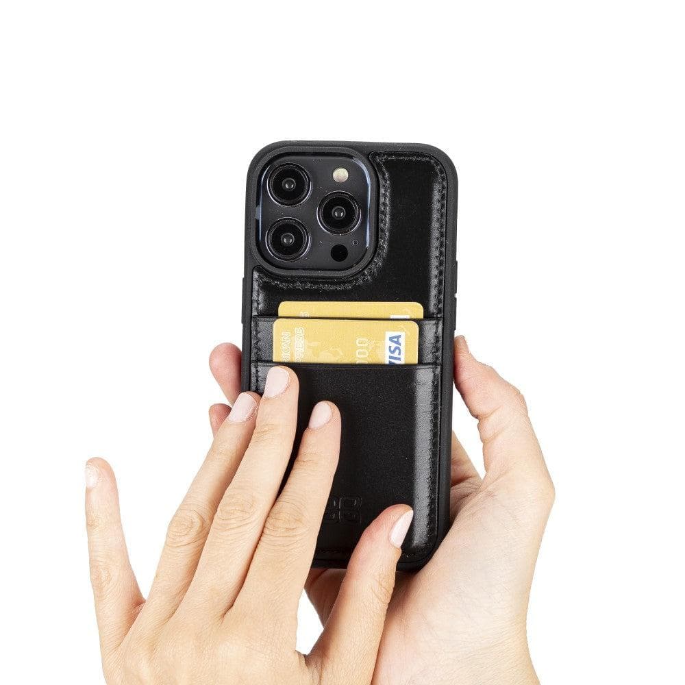 Flexible Leather Back Cover with Card Holder for iPhone 14 Series, showcasing its sleek design and card holder slots.