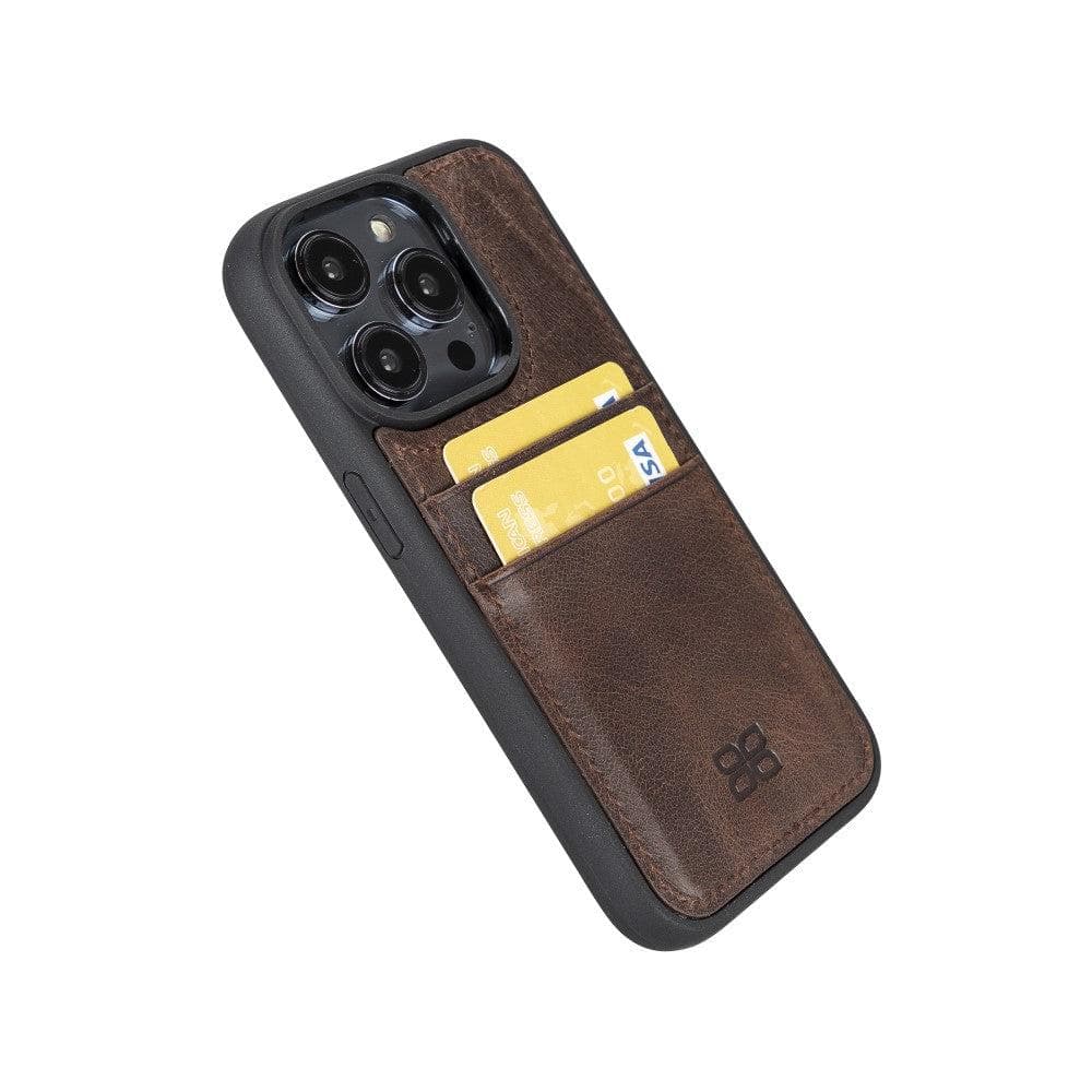 Flexible Leather Back Cover with Card Holder for iPhone 14 Series, showcasing its sleek design and card holder slots.