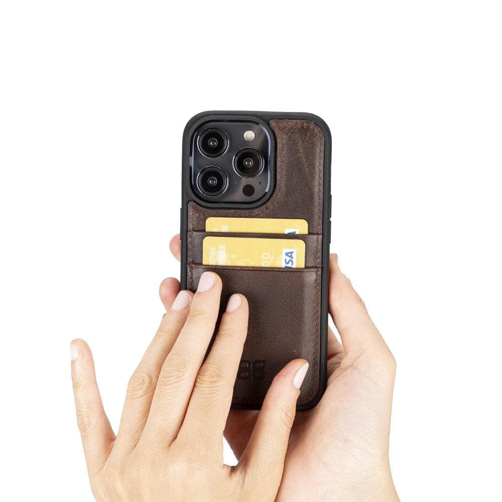 Flexible Leather Back Cover with Card Holder for iPhone 14 Series, showcasing its sleek design and card holder slots.