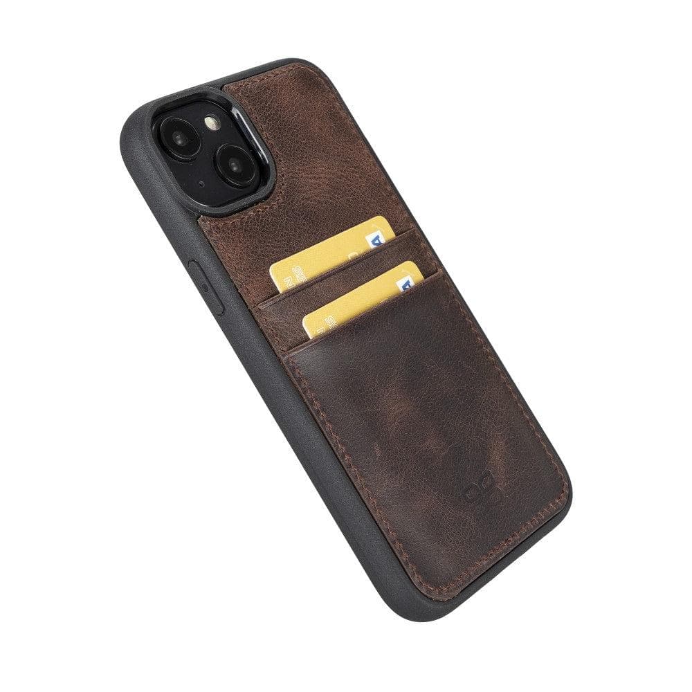 Flexible Leather Back Cover with Card Holder for iPhone 14 Series, showcasing its sleek design and card holder slots.