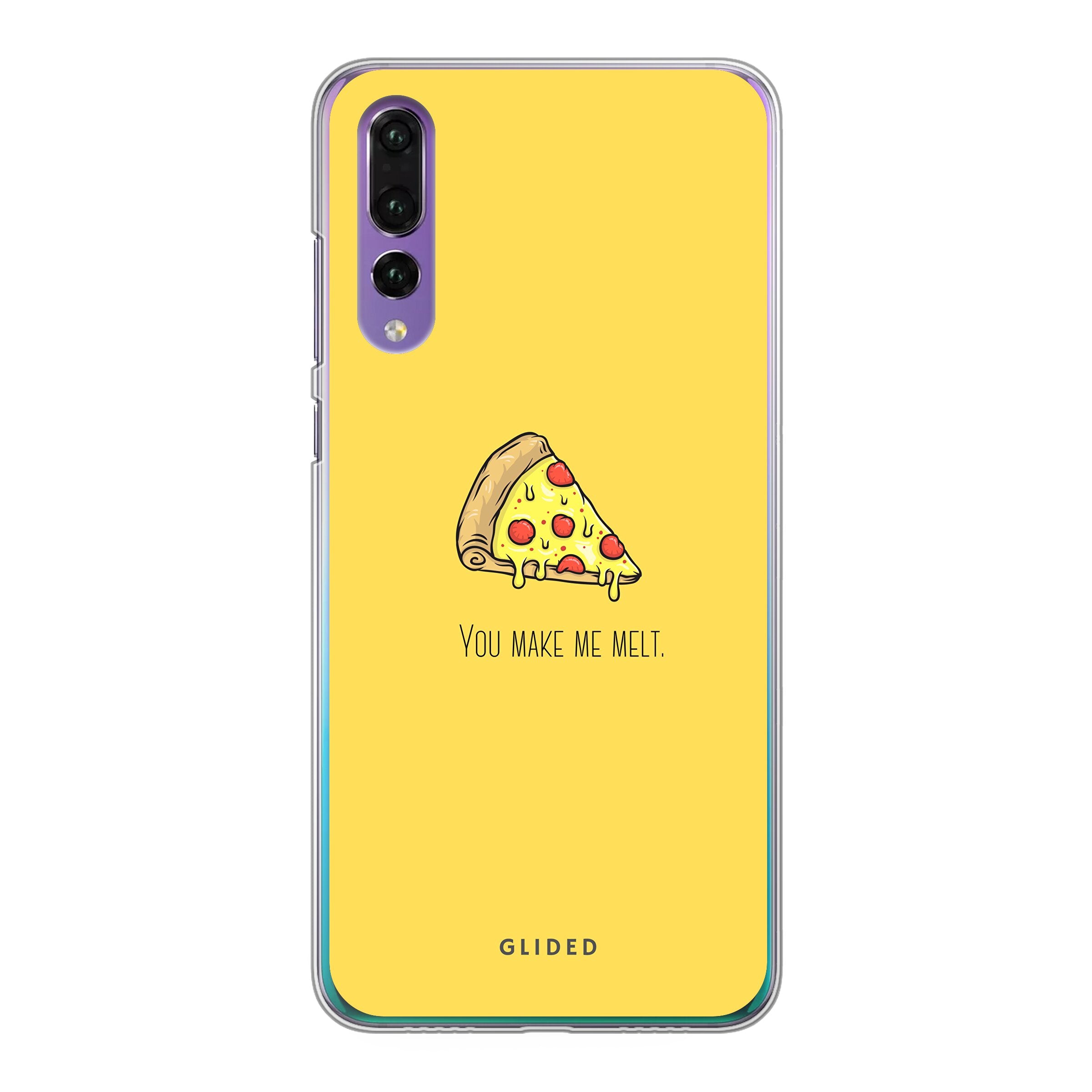 Flirty Pizza Huawei P30 Handyhülle mit einem appetitlichen Pizza-Motiv und dem Text 'You make me melt', ideal für Pizza-Liebhaber.