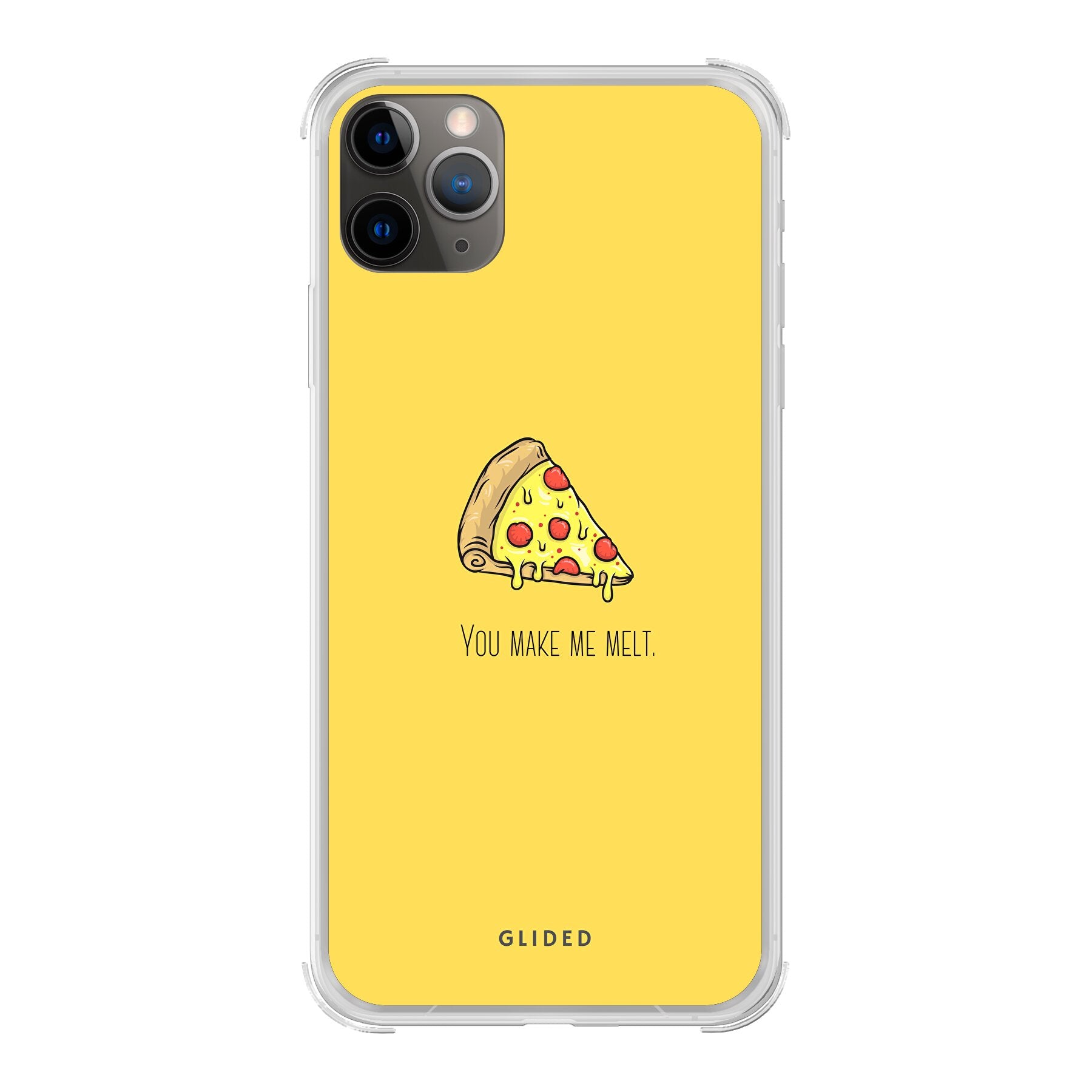 Flirty Pizza iPhone 11 Pro Handyhülle mit einem appetitlichen Pizza-Motiv und dem Spruch 'You make me melt'.