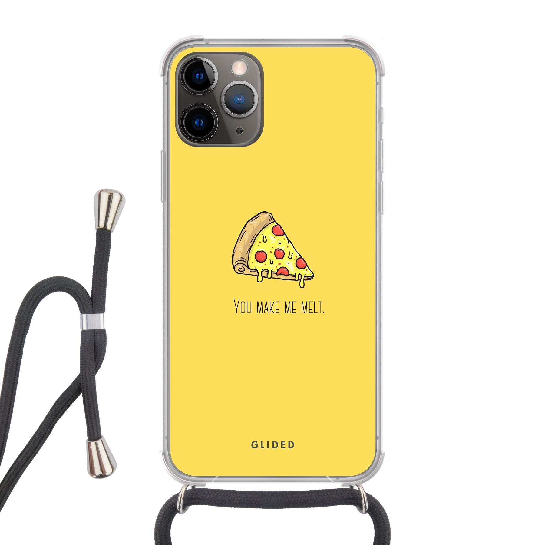 Flirty Pizza iPhone 11 Pro Handyhülle mit einem appetitlichen Pizza-Motiv und dem Spruch 'You make me melt'.