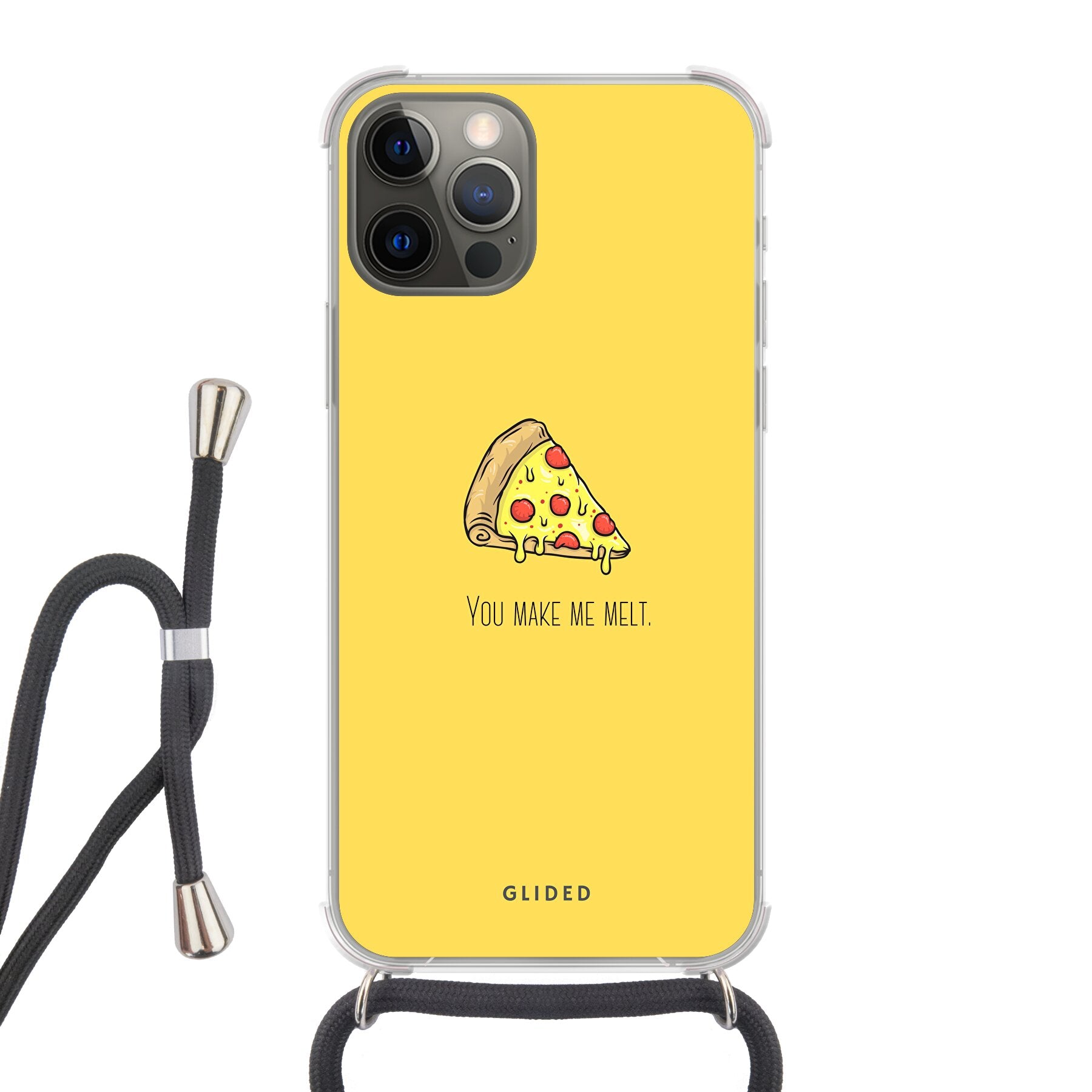 Flirty Pizza iPhone 12 Pro Handyhülle mit einem appetitlichen Pizzastück und dem Text 'You make me melt' in einem verspielten Design.