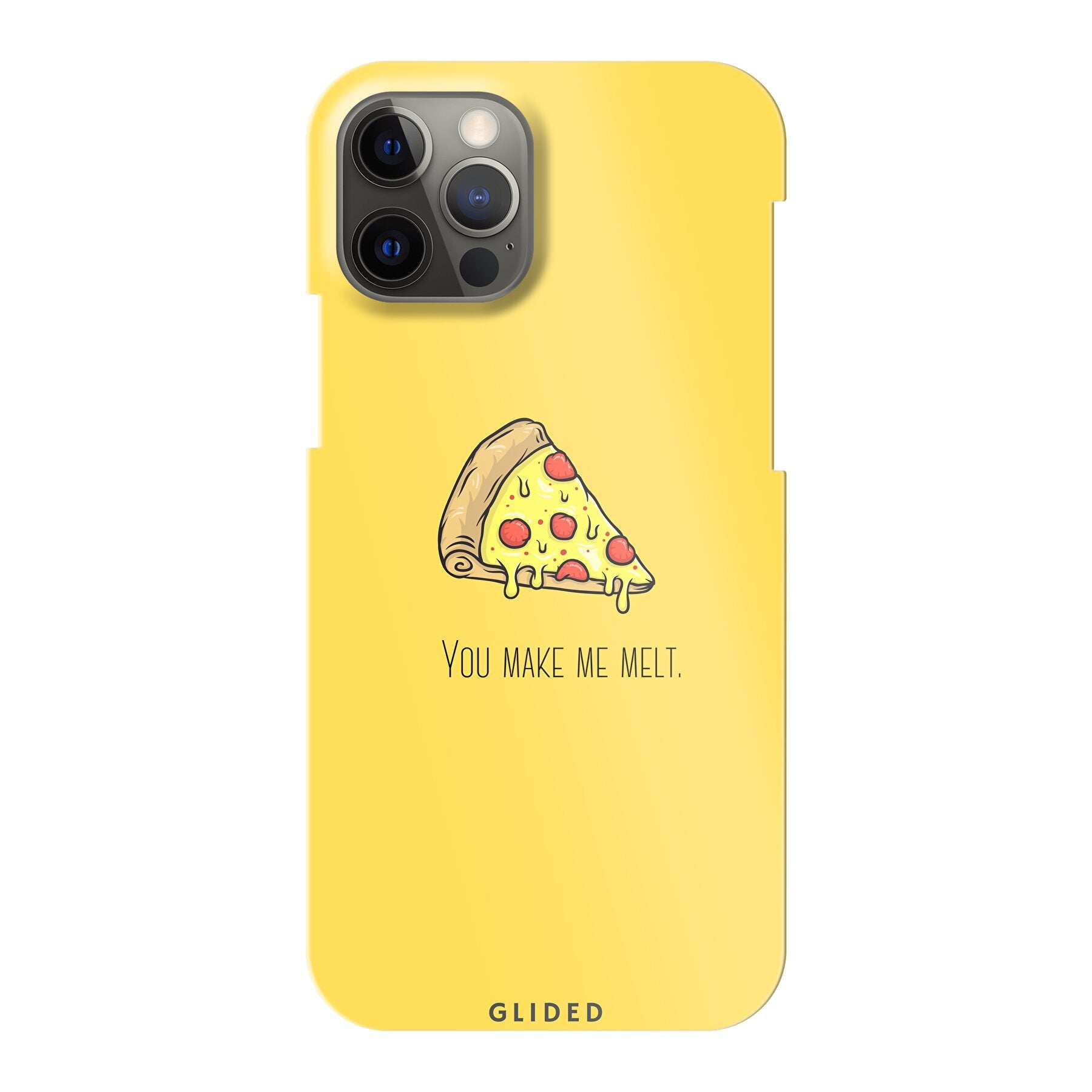 Flirty Pizza iPhone 12 Pro Handyhülle mit einem appetitlichen Pizzastück und dem Text 'You make me melt' in einem verspielten Design.