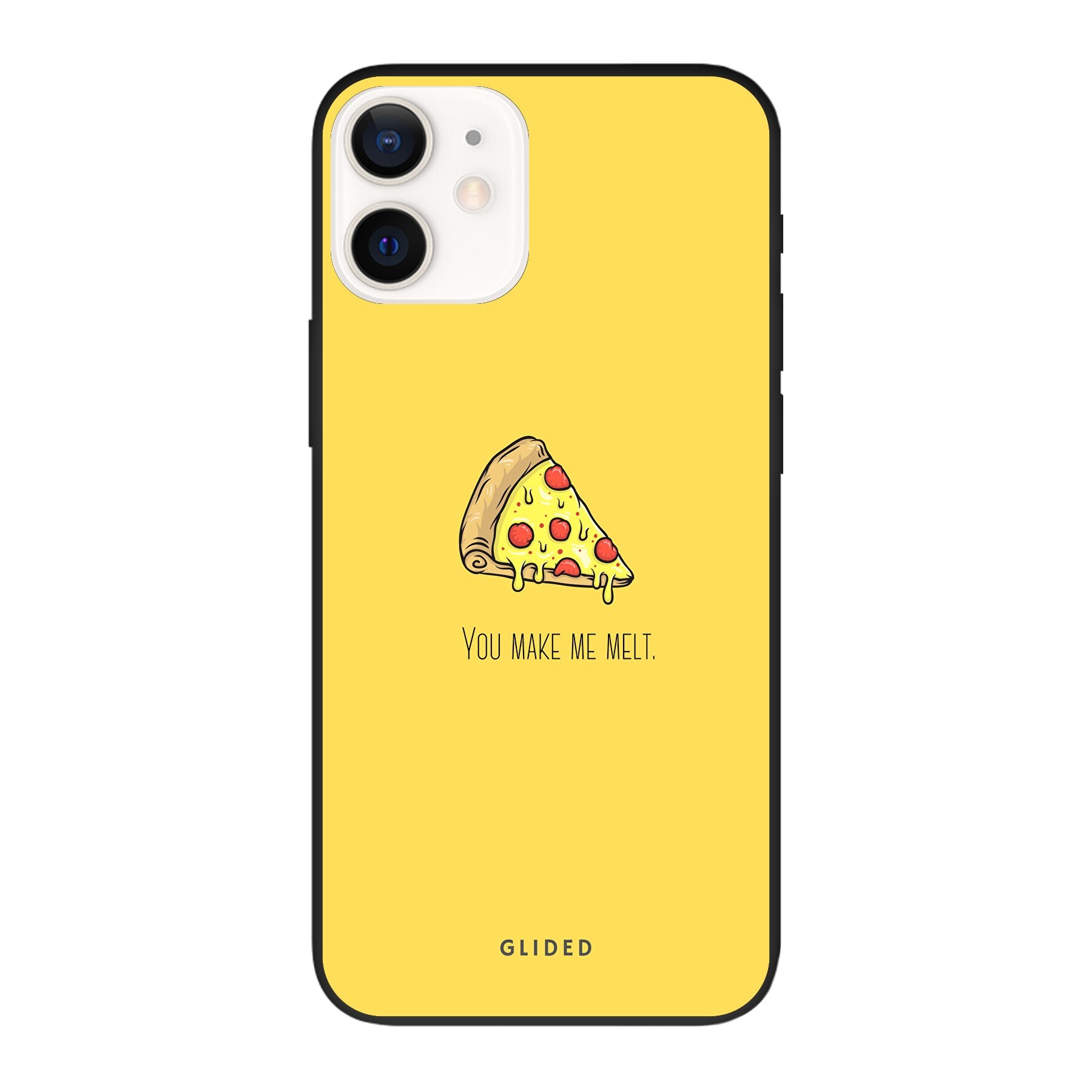 Flirty Pizza iPhone 12 Pro Handyhülle mit einem appetitlichen Pizzastück und dem Text 'You make me melt' in einem verspielten Design.