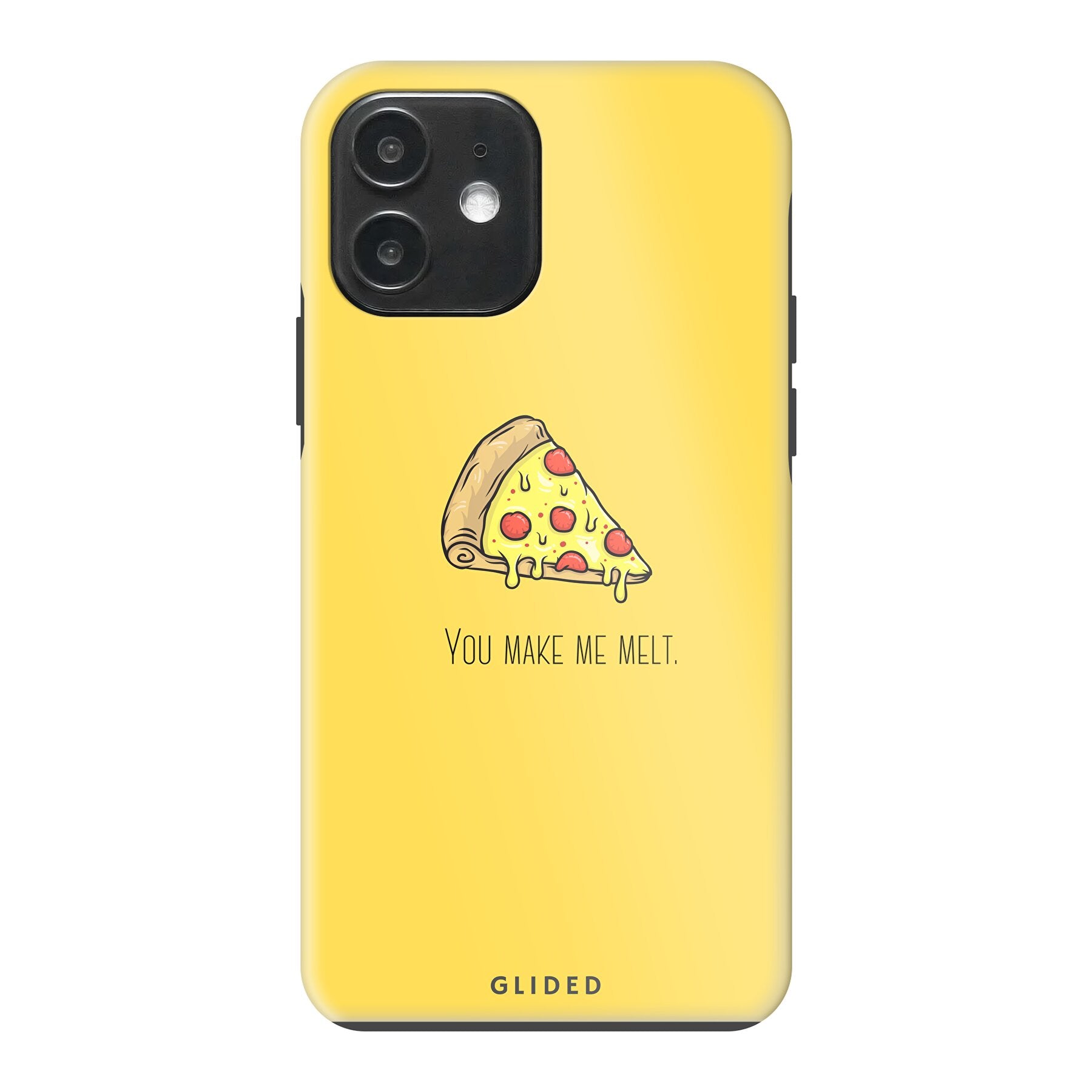 Flirty Pizza iPhone 12 Pro Handyhülle mit einem appetitlichen Pizzastück und dem Text 'You make me melt' in einem verspielten Design.