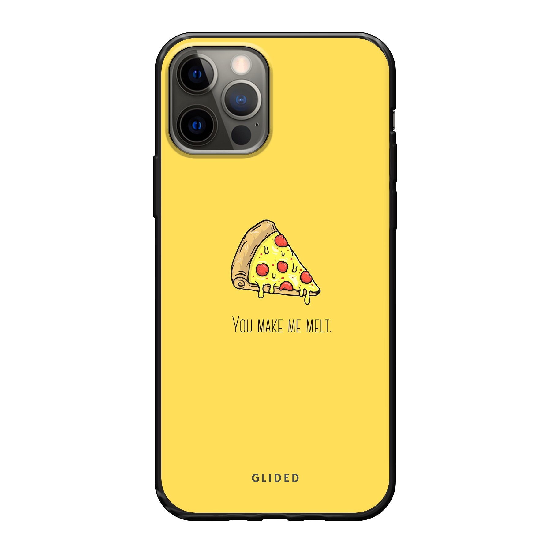 Flirty Pizza iPhone 12 Pro Handyhülle mit einem appetitlichen Pizzastück und dem Text 'You make me melt' in einem verspielten Design.