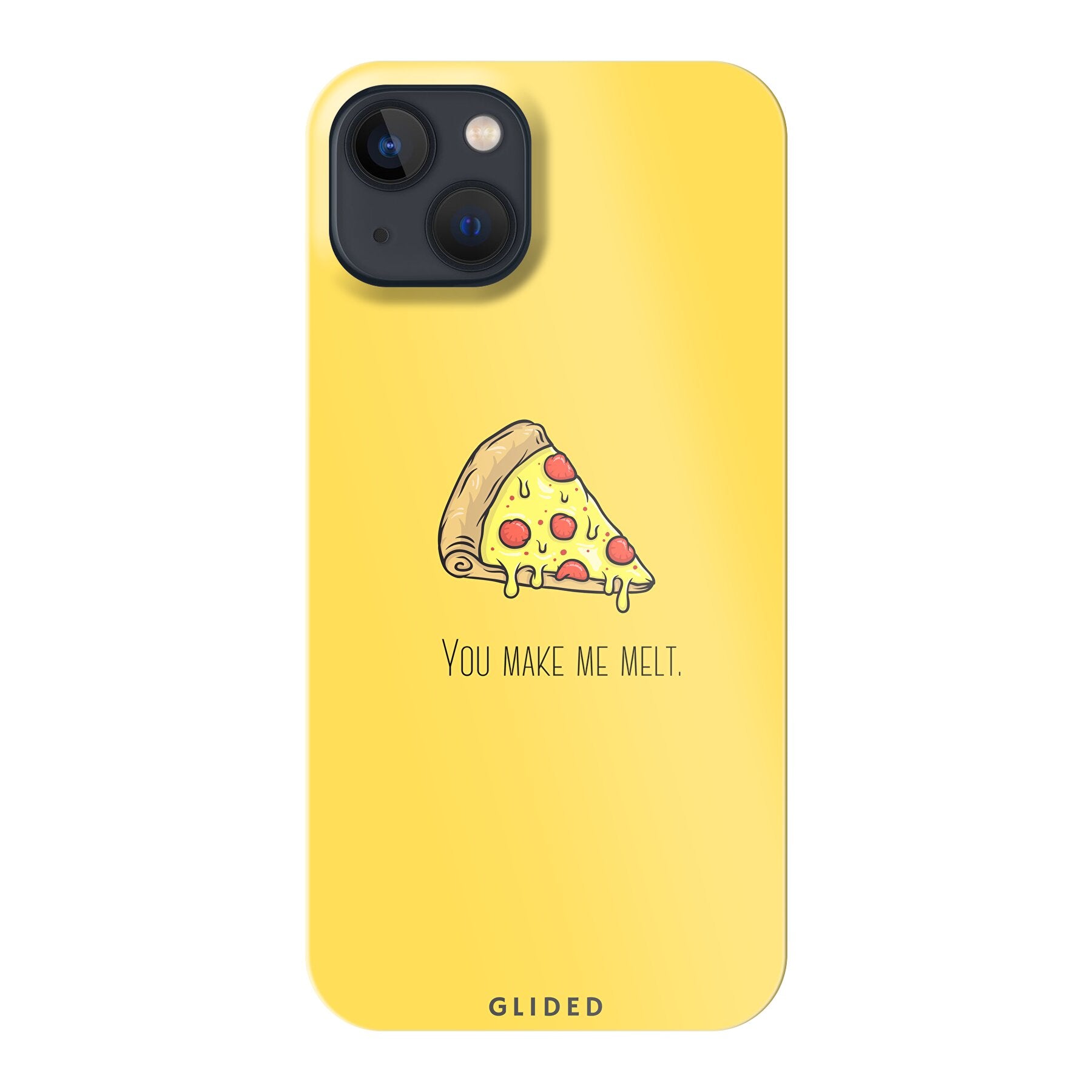 Flirty Pizza iPhone 13 Handyhülle mit einem appetitanregenden Pizza-Design und dem Spruch 'You make me melt'.