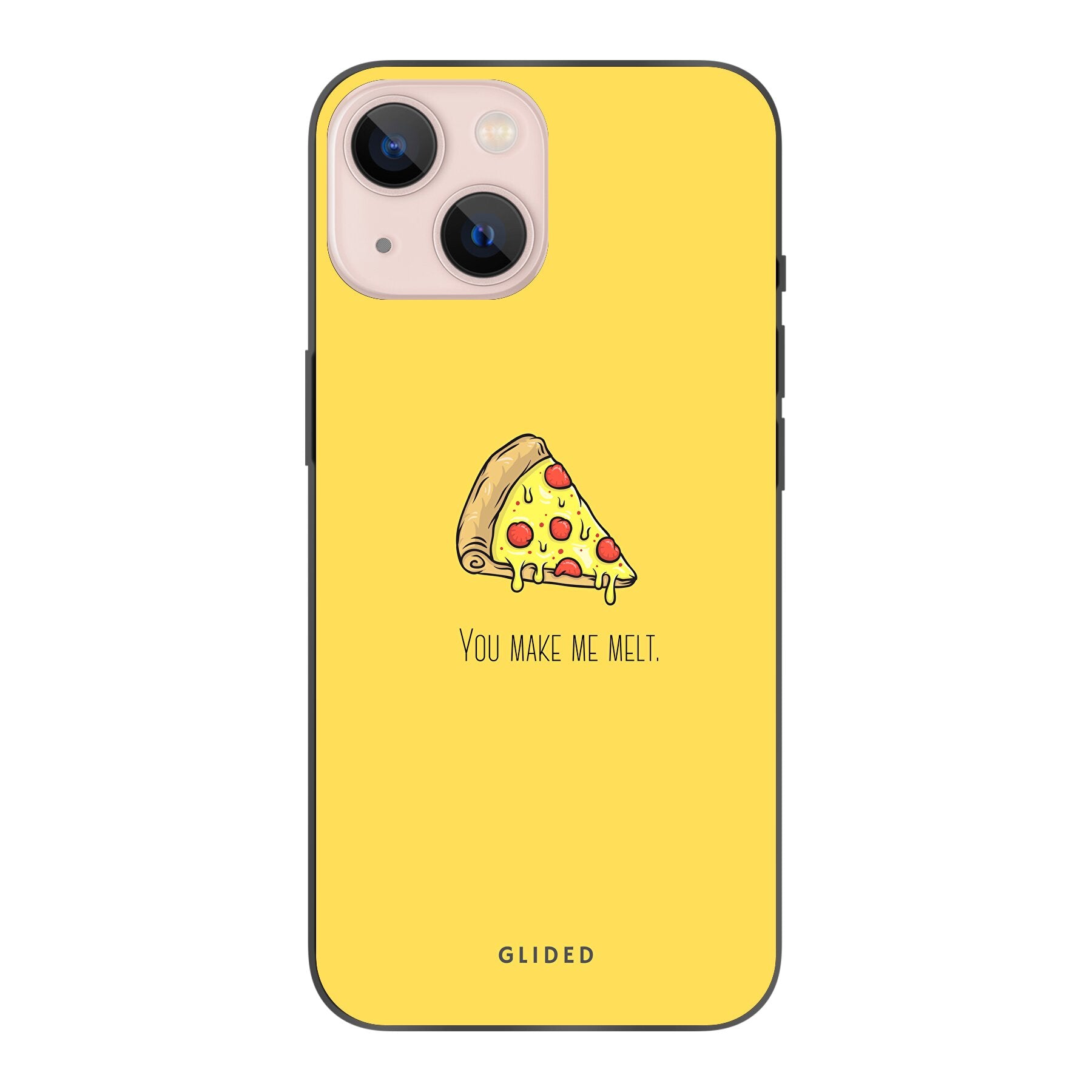 Flirty Pizza iPhone 13 Handyhülle mit einem appetitanregenden Pizza-Design und dem Spruch 'You make me melt'.