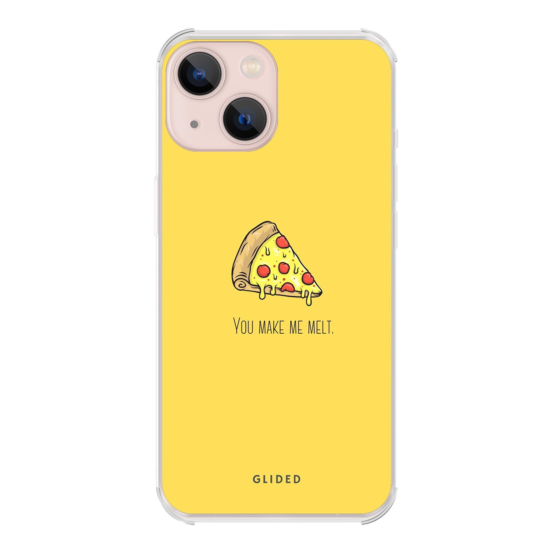 Flirty Pizza iPhone 13 Handyhülle mit einem appetitanregenden Pizza-Design und dem Spruch 'You make me melt'.