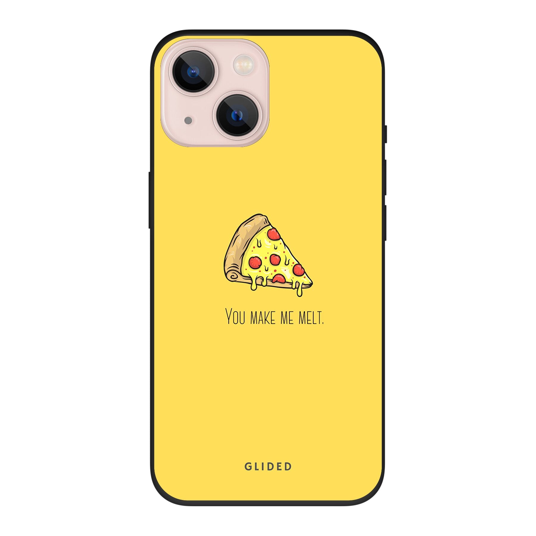 Flirty Pizza iPhone 13 Handyhülle mit einem appetitanregenden Pizza-Design und dem Spruch 'You make me melt'.