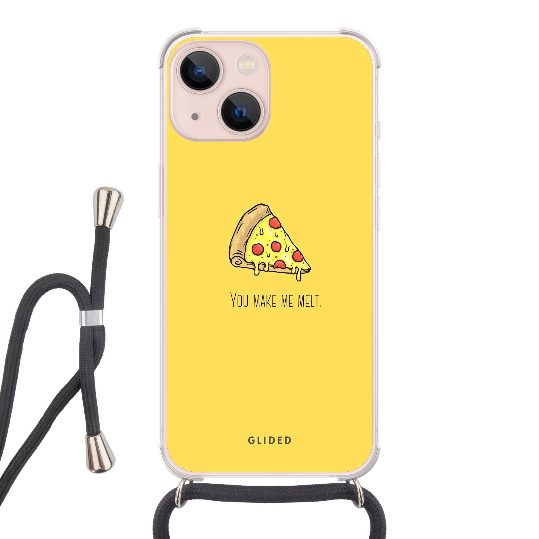 Flirty Pizza iPhone 13 Handyhülle mit einem appetitanregenden Pizza-Design und dem Spruch 'You make me melt'.