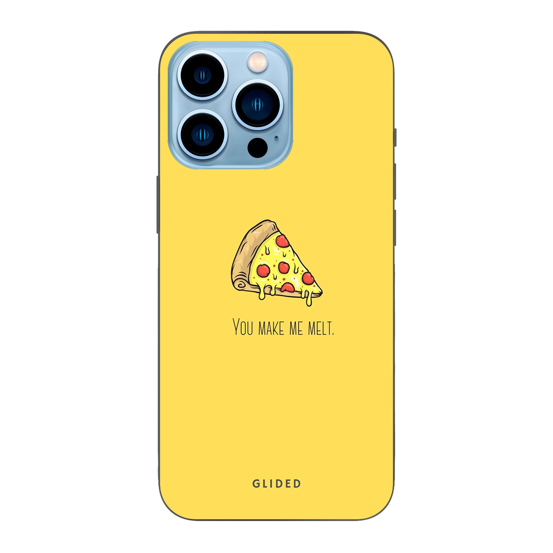 Flirty Pizza iPhone 13 Pro Handyhülle mit einem appetitlichen Pizza-Design und dem Spruch 'You make me melt'.