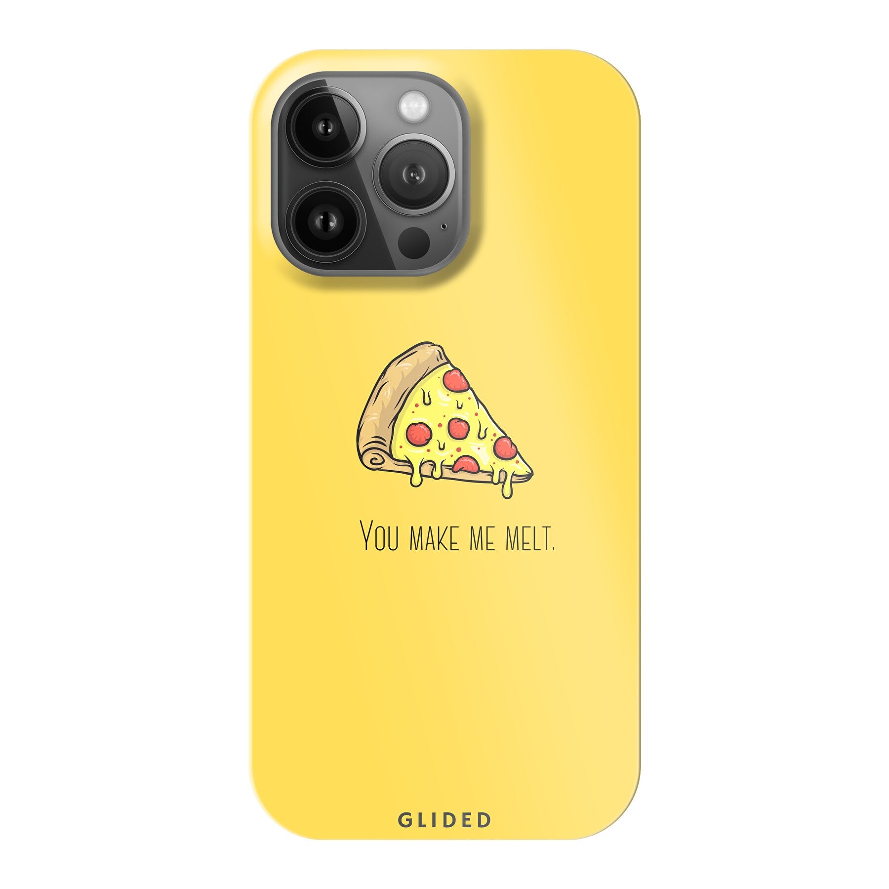 Flirty Pizza iPhone 13 Pro Handyhülle mit einem appetitlichen Pizza-Design und dem Spruch 'You make me melt'.
