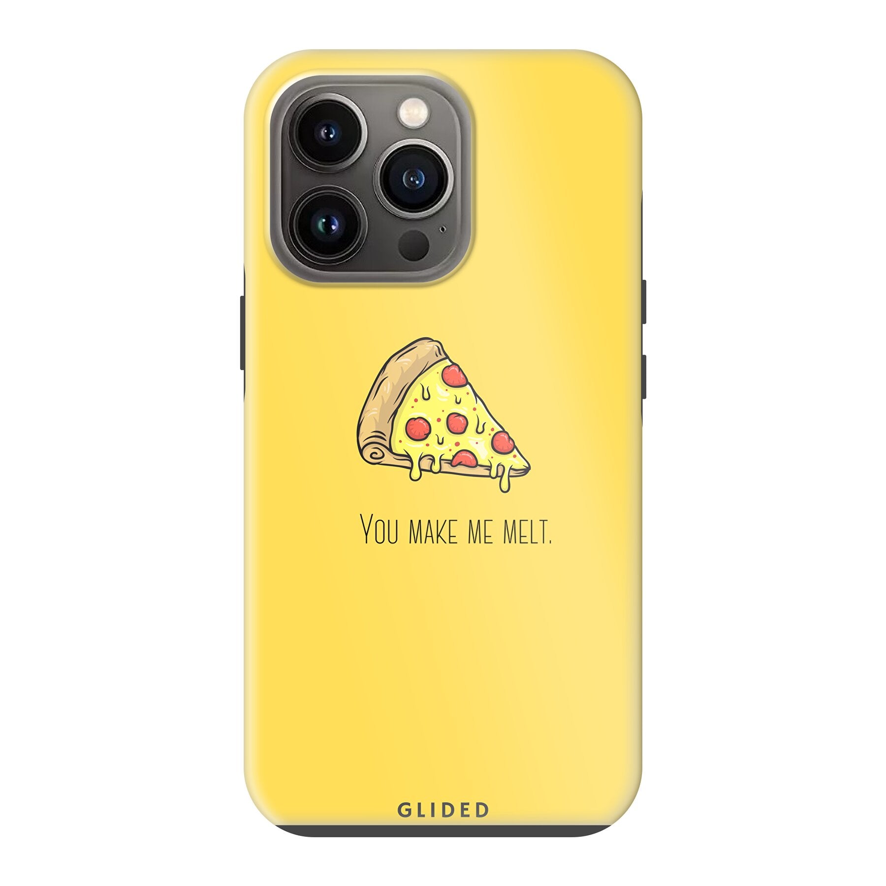 Flirty Pizza iPhone 13 Pro Handyhülle mit einem appetitlichen Pizza-Design und dem Spruch 'You make me melt'.