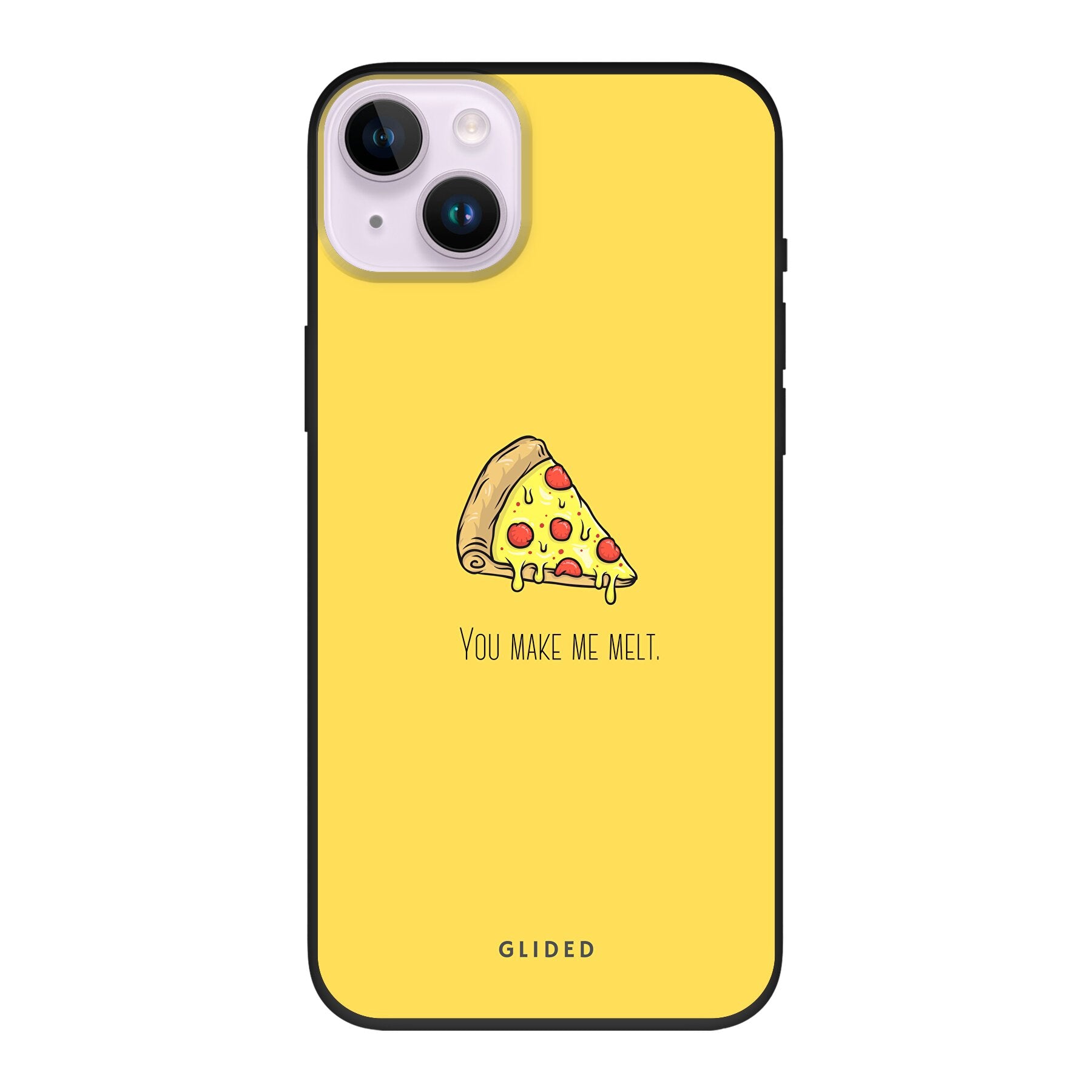 Flirty Pizza iPhone 14 Plus Handyhülle mit einem appetitlichen Pizza-Design und dem Spruch 'You make me melt'.