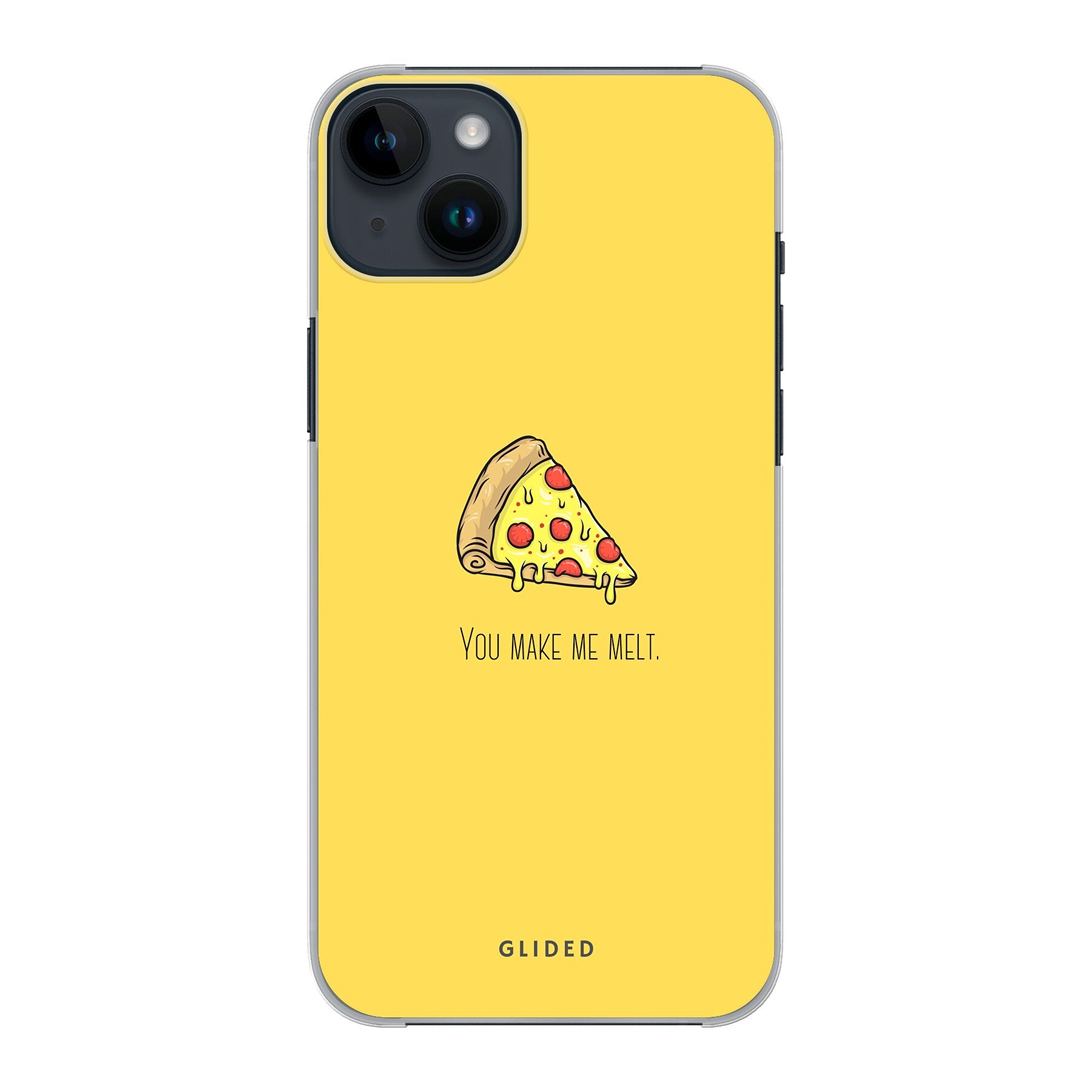 Flirty Pizza iPhone 14 Plus Handyhülle mit einem appetitlichen Pizza-Design und dem Spruch 'You make me melt'.