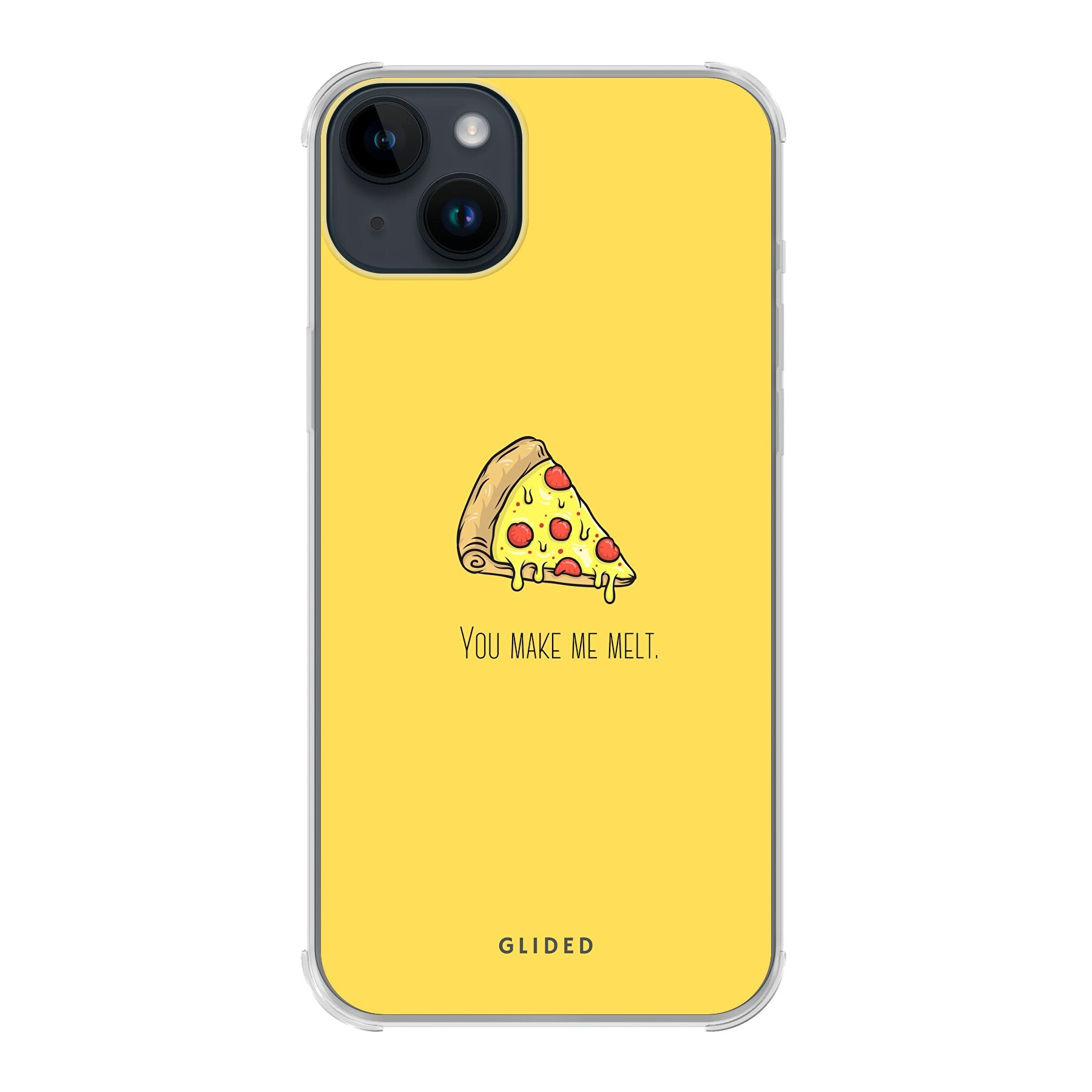 Flirty Pizza iPhone 14 Plus Handyhülle mit einem appetitlichen Pizza-Design und dem Spruch 'You make me melt'.