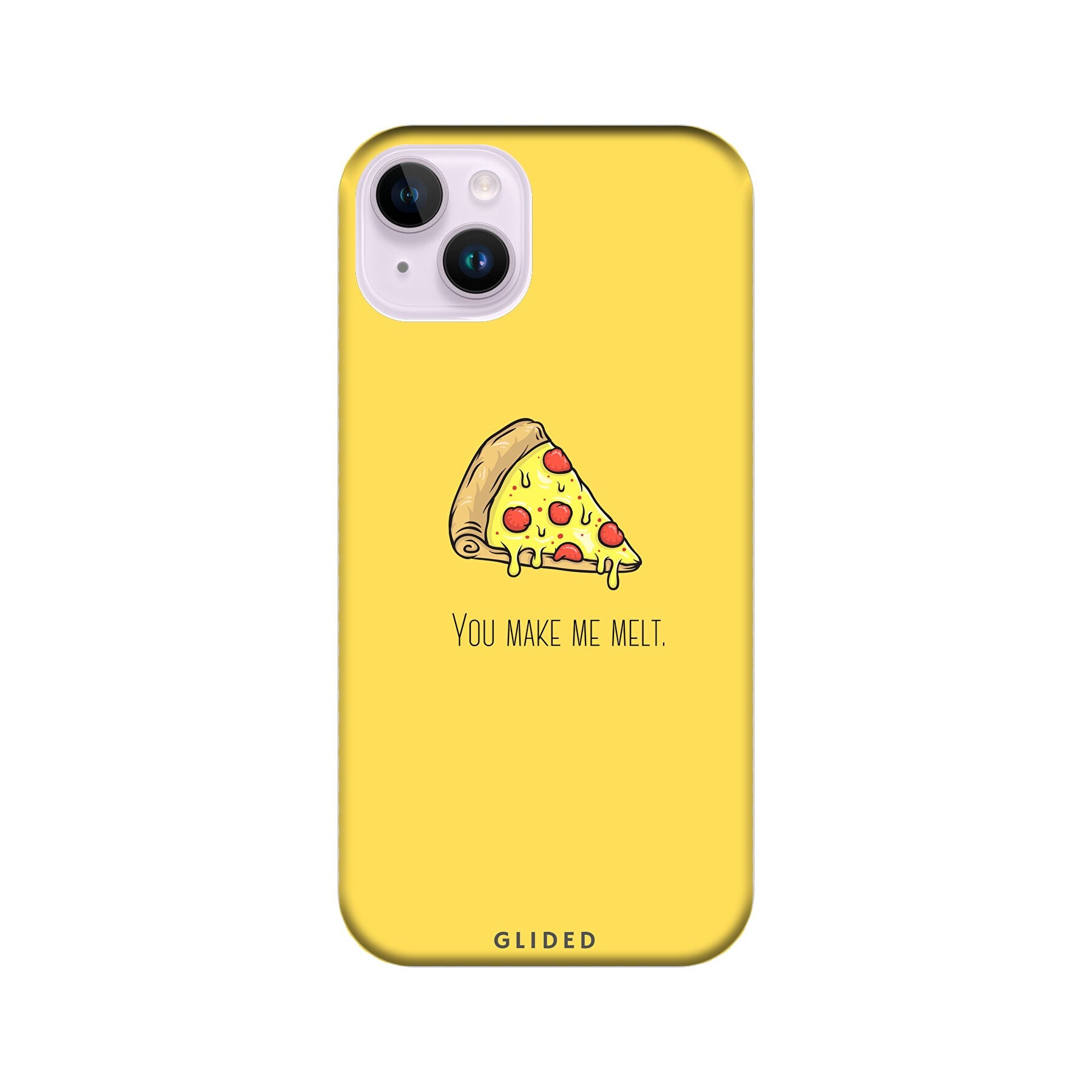 Flirty Pizza iPhone 14 Plus Handyhülle mit einem appetitlichen Pizza-Design und dem Spruch 'You make me melt'.