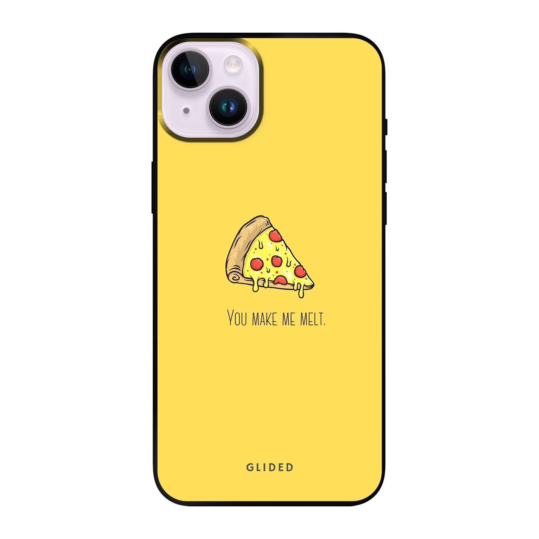 Flirty Pizza iPhone 14 Plus Handyhülle mit einem appetitlichen Pizza-Design und dem Spruch 'You make me melt'.