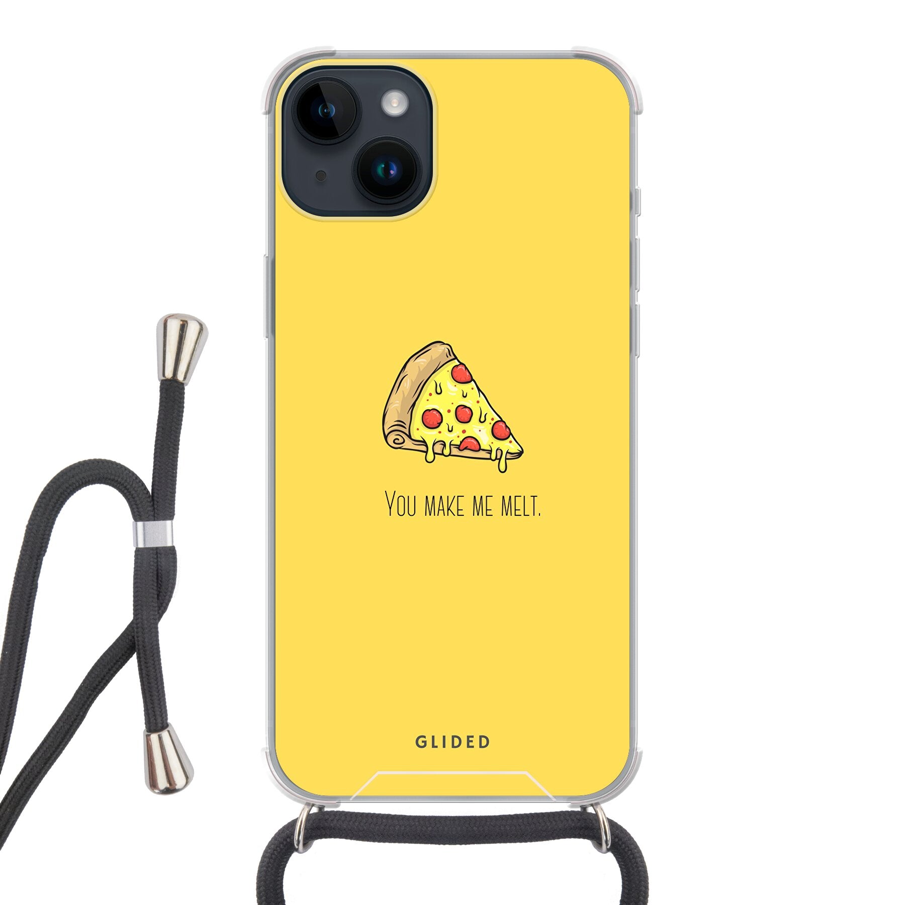 Flirty Pizza iPhone 14 Plus Handyhülle mit einem appetitlichen Pizza-Design und dem Spruch 'You make me melt'.