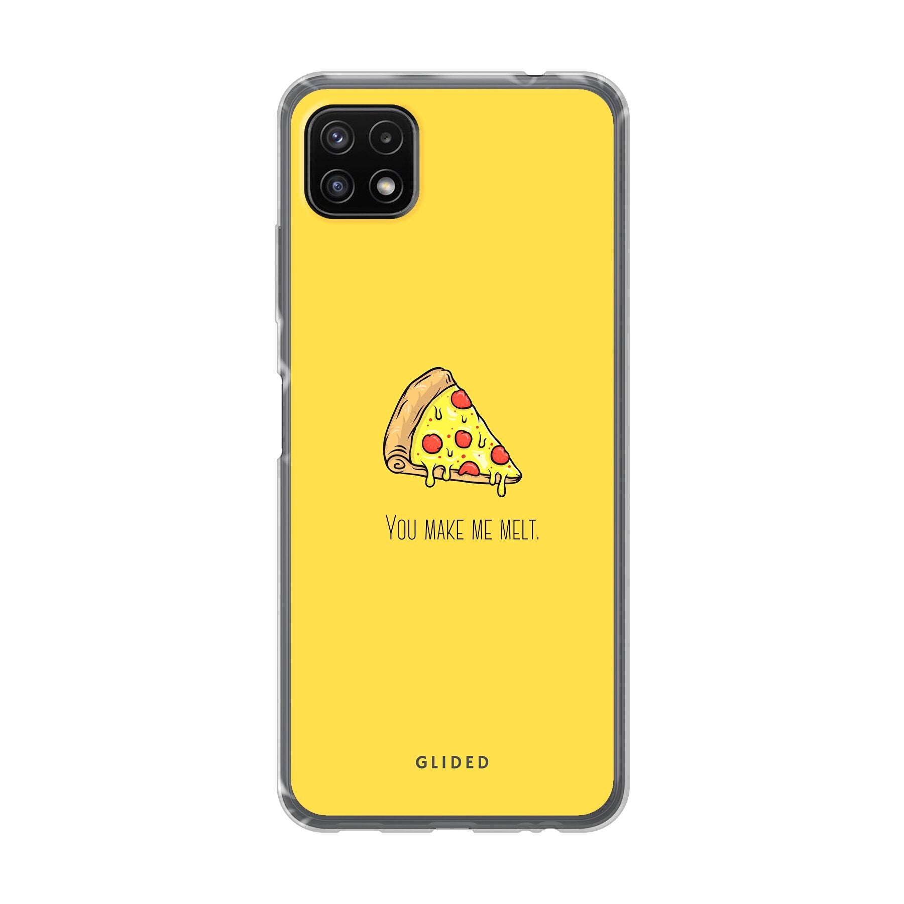 Flirty Pizza Handyhülle für Samsung Galaxy A22 5G mit einem appetitlichen Pizzastück und dem Spruch 'You make me melt'.