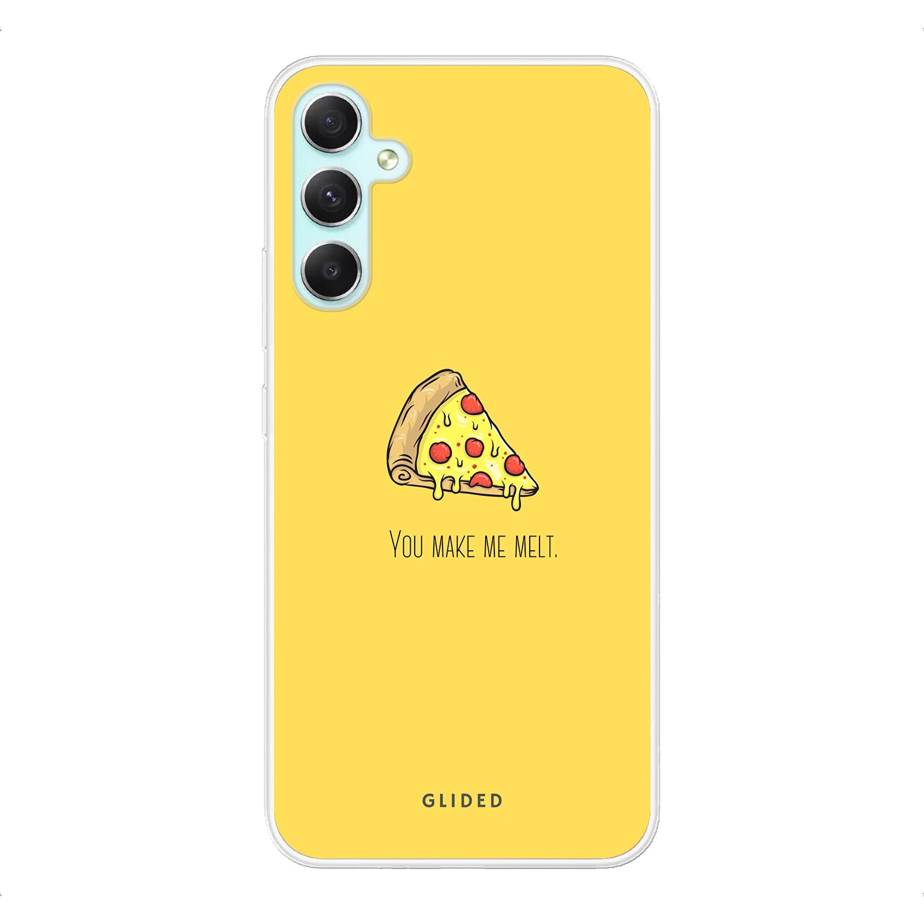 Flirty Pizza Handyhülle für Samsung Galaxy A34 mit einem appetitlichen Pizza-Motiv und dem Spruch 'You make me melt'.