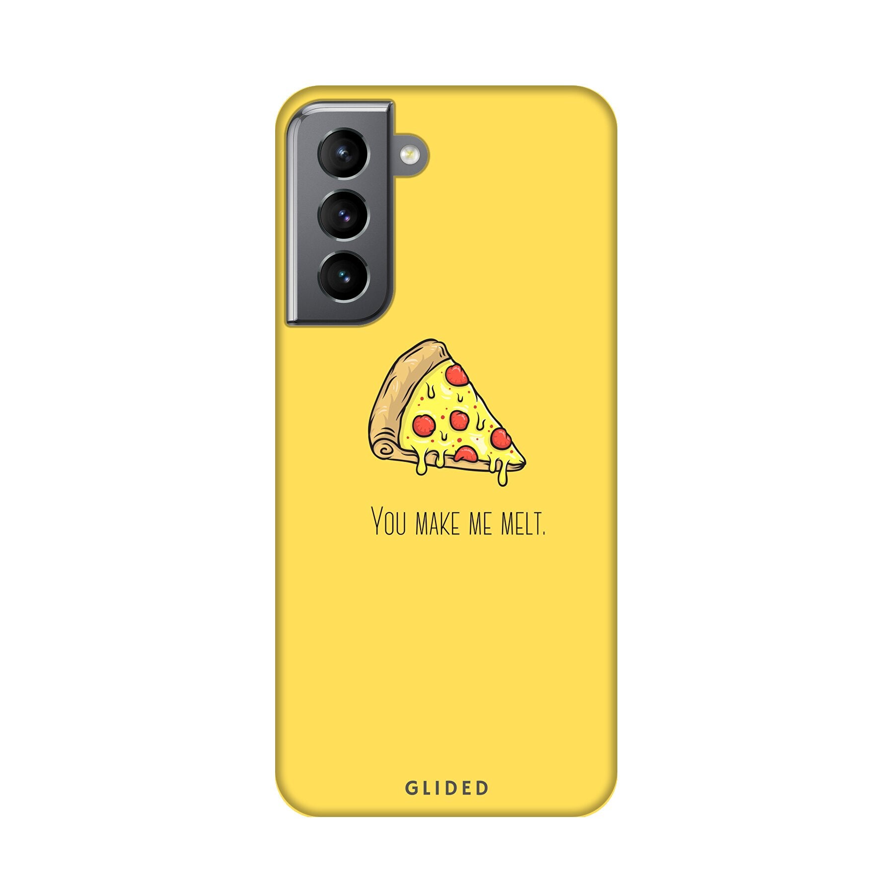 Flirty Pizza Handyhülle für Samsung Galaxy S21 5G mit einem appetitlichen Pizza-Design und dem Spruch 'You make me melt'.