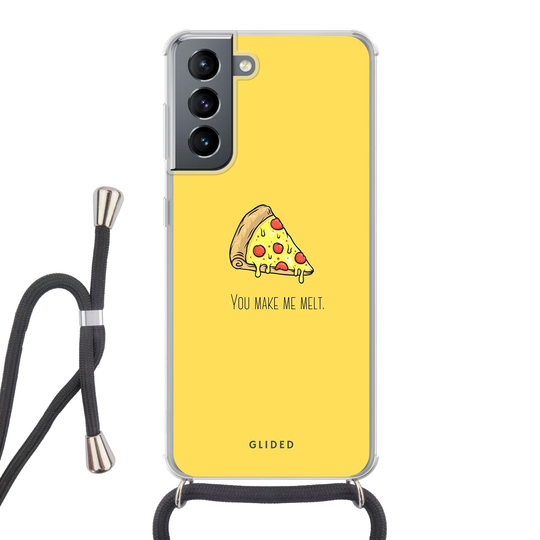 Flirty Pizza Handyhülle für Samsung Galaxy S21 5G mit einem appetitlichen Pizza-Design und dem Spruch 'You make me melt'.