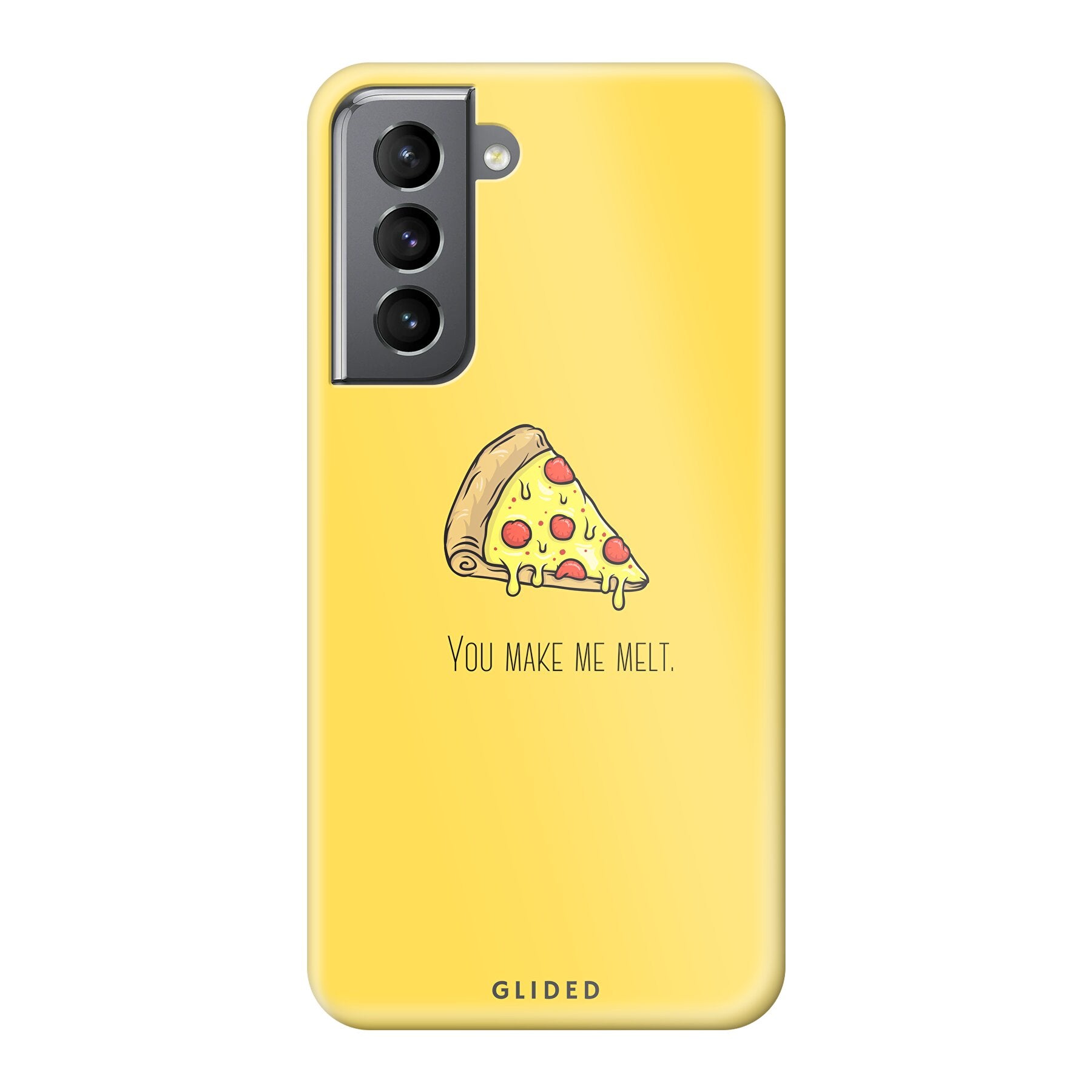 Flirty Pizza Handyhülle für Samsung Galaxy S21 5G mit einem appetitlichen Pizza-Design und dem Spruch 'You make me melt'.