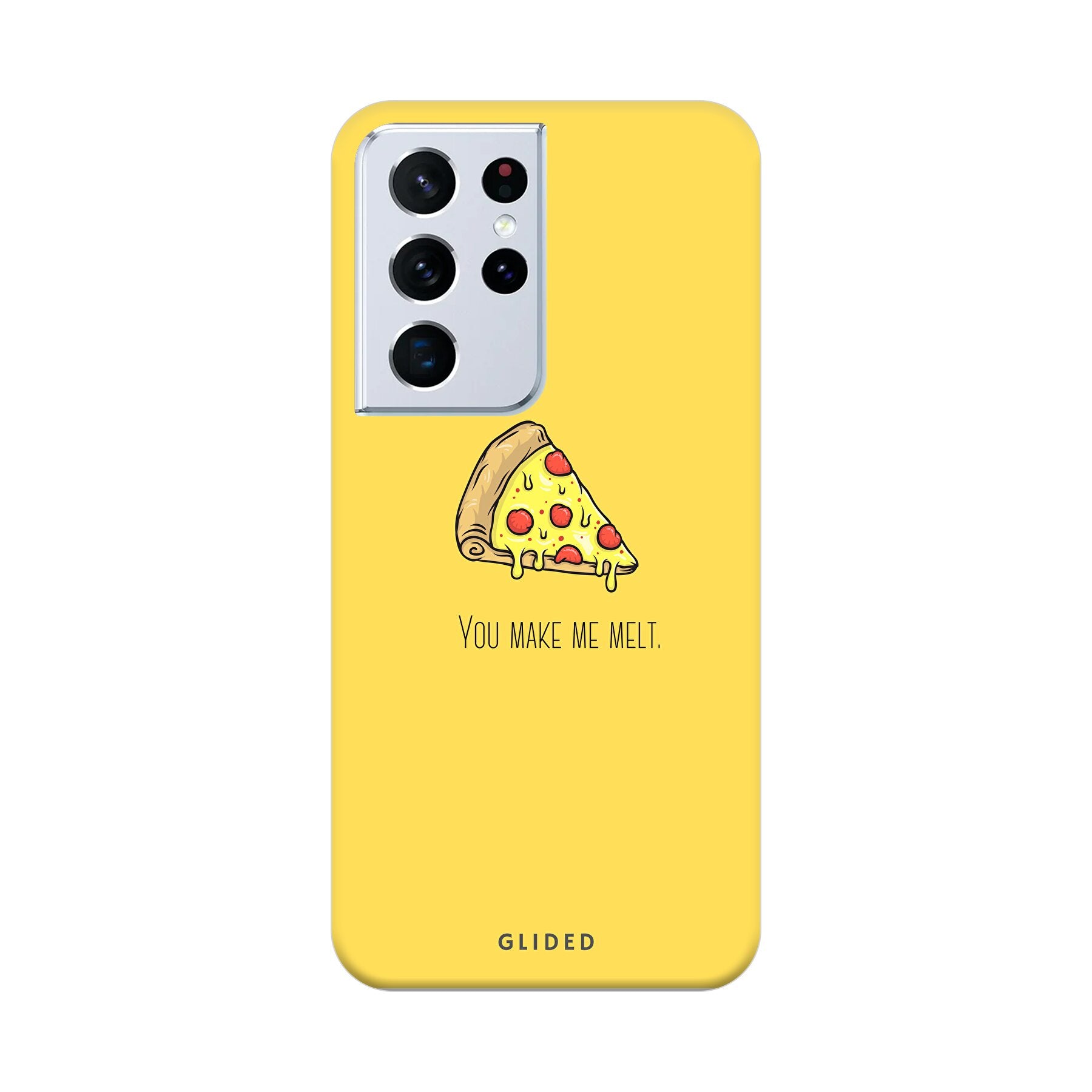 Flirty Pizza Handyhülle für Samsung Galaxy S21 Ultra 5G mit einem appetitlichen Pizza-Design und dem Spruch 'You make me melt'.