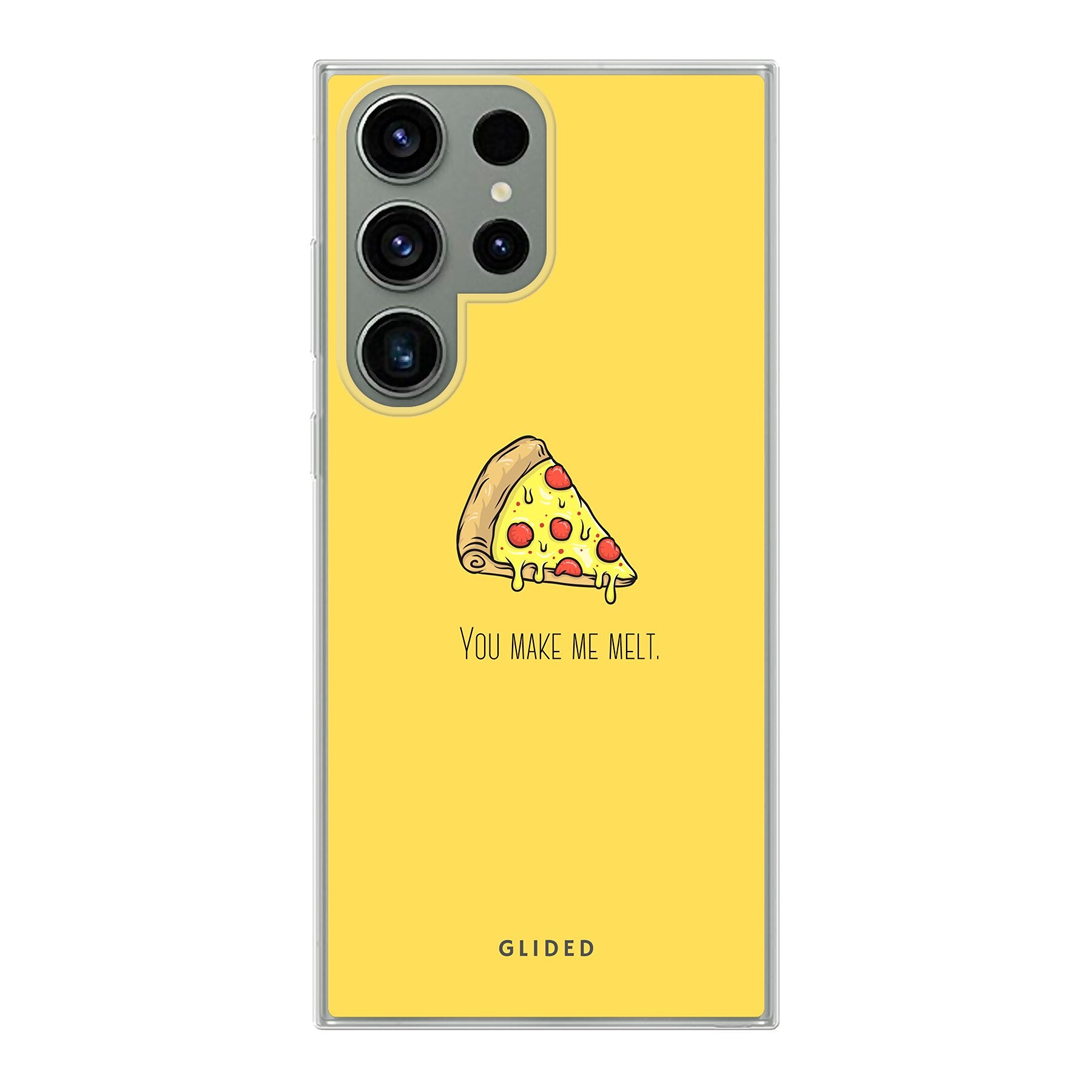 Flirty Pizza Handyhülle für Samsung Galaxy S23 Ultra mit einem appetitlichen Pizza-Design und dem Text 'You make me melt'.