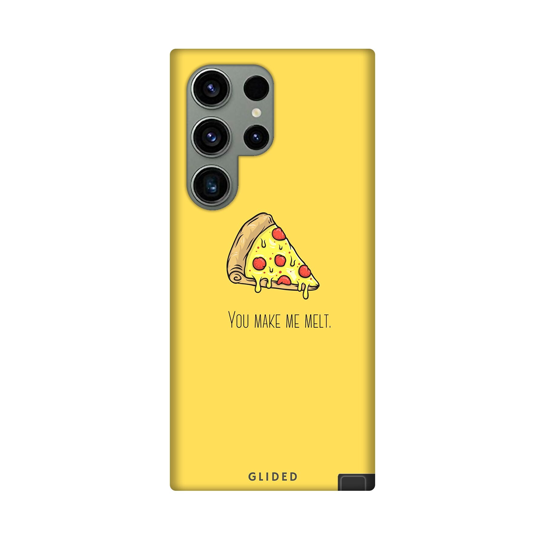 Flirty Pizza Handyhülle für Samsung Galaxy S23 Ultra mit einem appetitlichen Pizza-Design und dem Text 'You make me melt'.