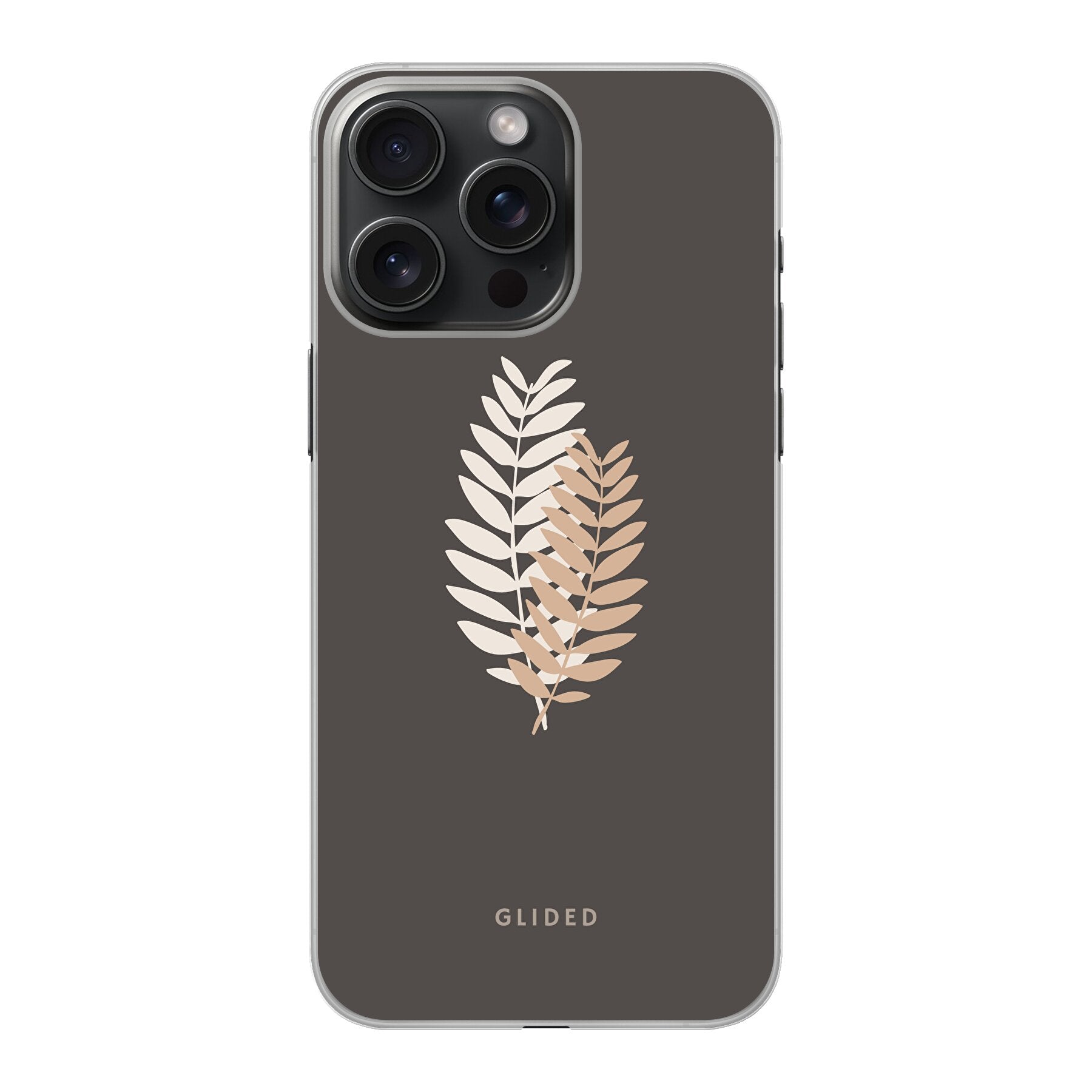 Florage iPhone 15 Pro Handyhülle mit Pflanzenabbildung auf dunklem Hintergrund, bietet stilvollen Schutz und einzigartiges Design.