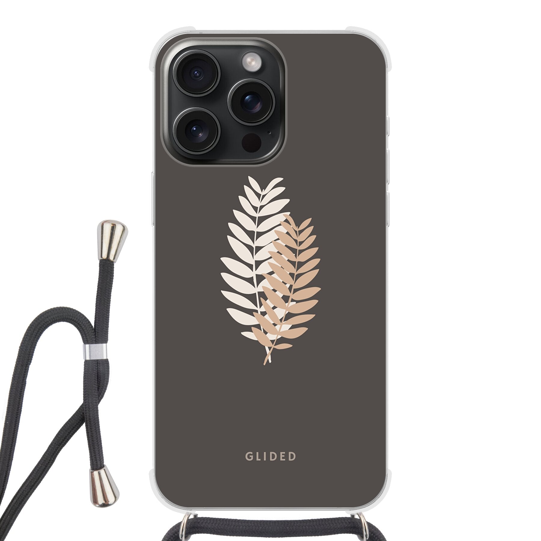 Florage iPhone 15 Pro Handyhülle mit Pflanzenabbildung auf dunklem Hintergrund, bietet stilvollen Schutz und einzigartiges Design.