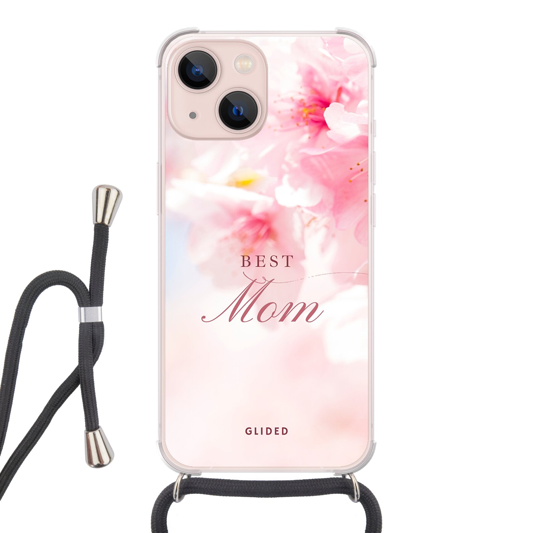 Flower Power iPhone 13 Handyhülle mit rosa Blumen und 'Best Mom'-Aufschrift, ideal für Mütter.