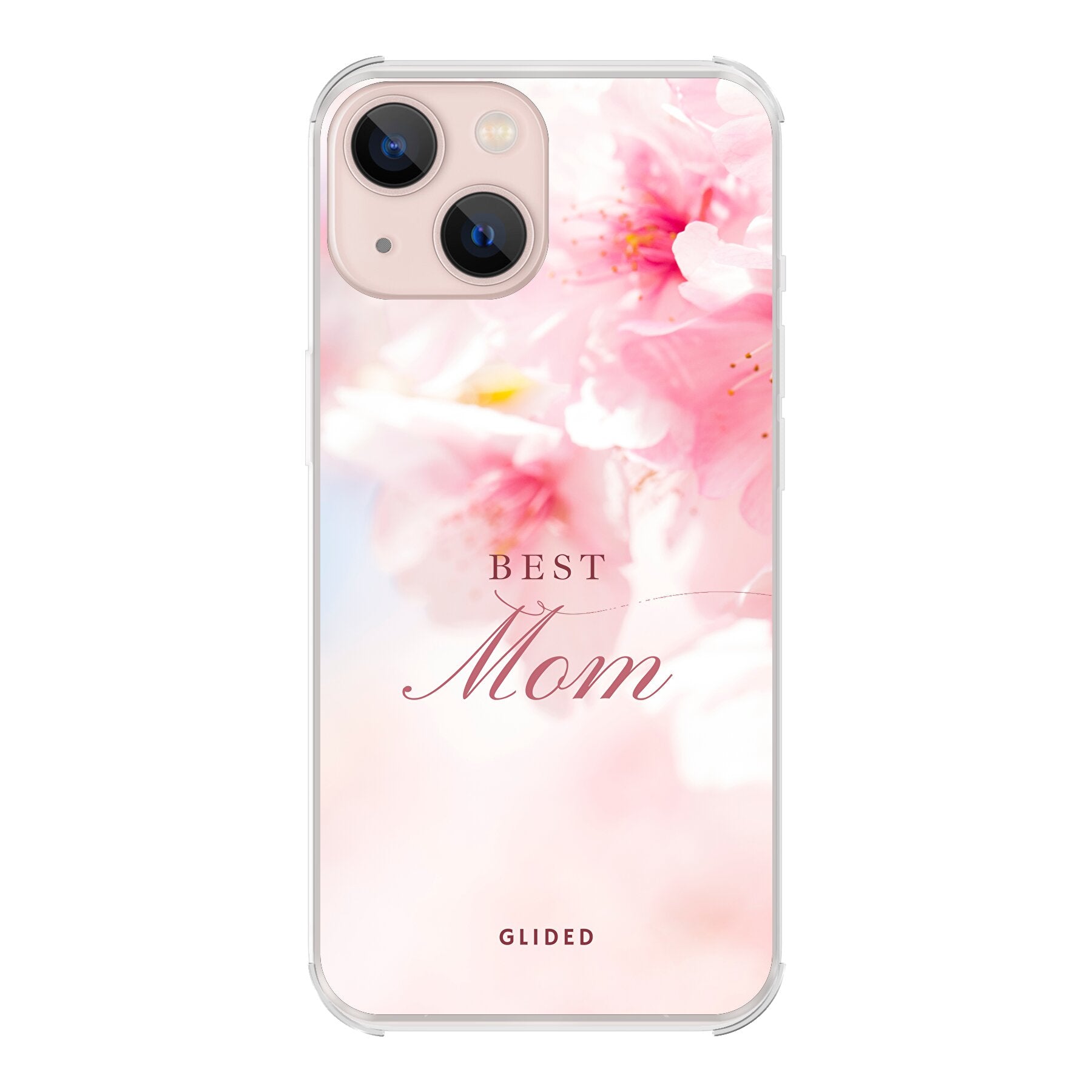 Flower Power iPhone 13 Handyhülle mit rosa Blumen und 'Best Mom'-Aufschrift, ideal für Mütter.