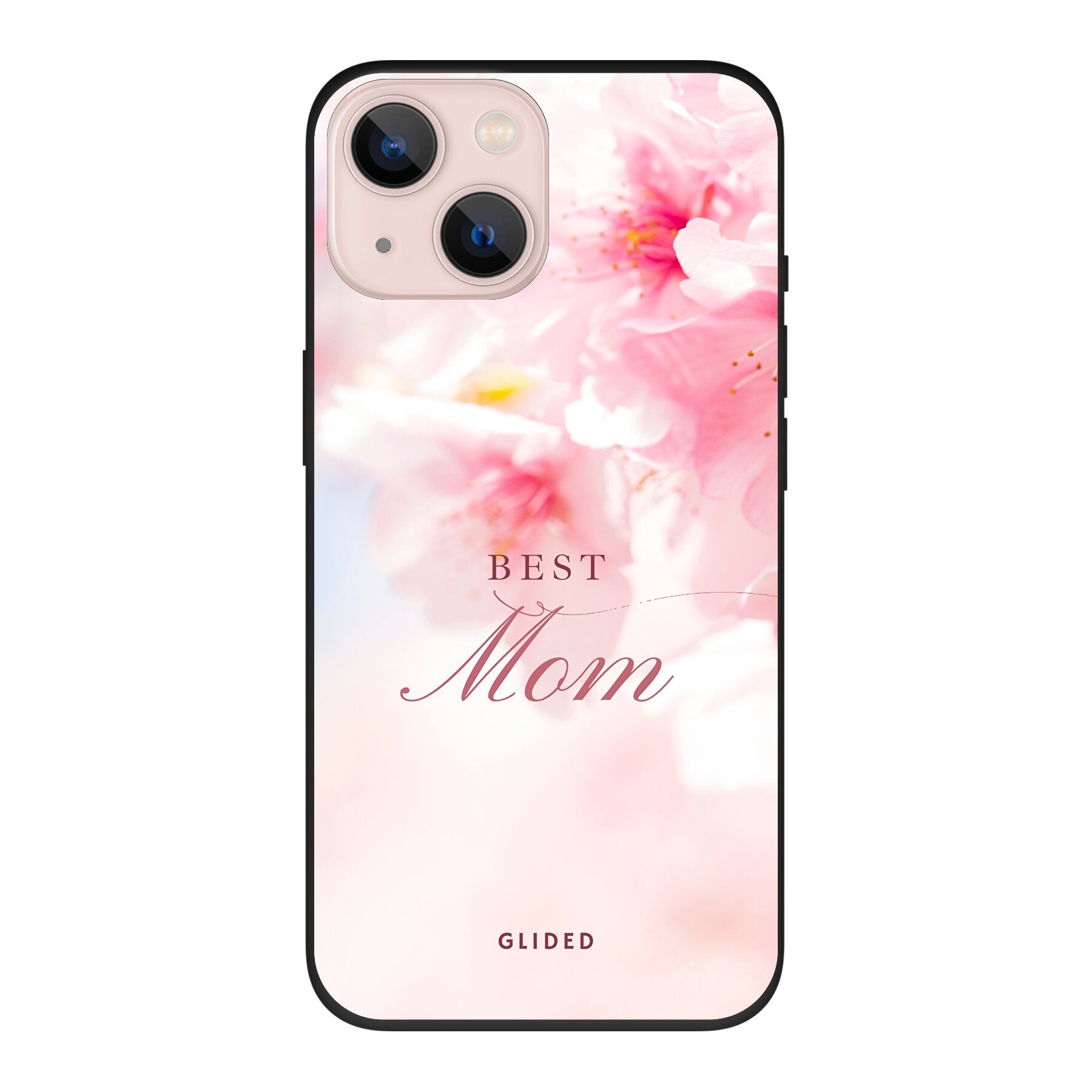 Flower Power iPhone 13 Handyhülle mit rosa Blumen und 'Best Mom'-Aufschrift, ideal für Mütter.