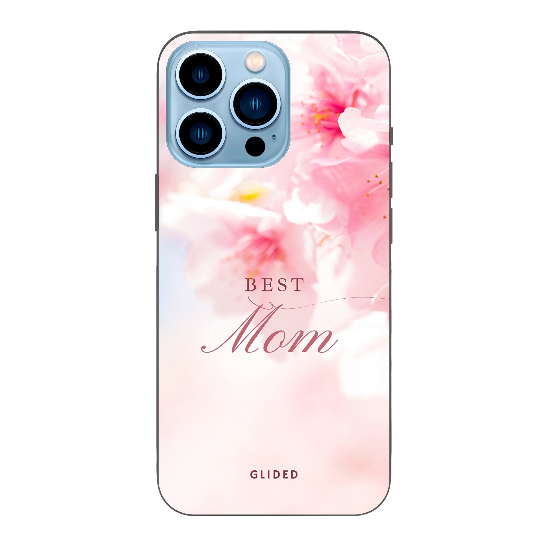 Flower Power iPhone 13 Pro Handyhülle mit rosa Blumen und 'Best Mom'-Aufschrift, ideal für Mütter.