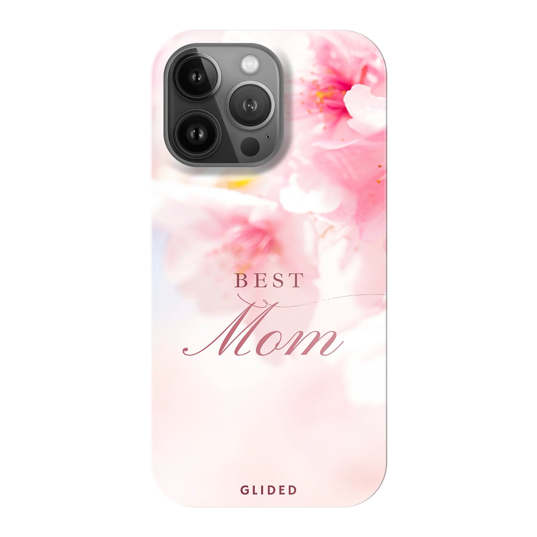 Flower Power iPhone 13 Pro Handyhülle mit rosa Blumen und 'Best Mom'-Aufschrift, ideal für Mütter.