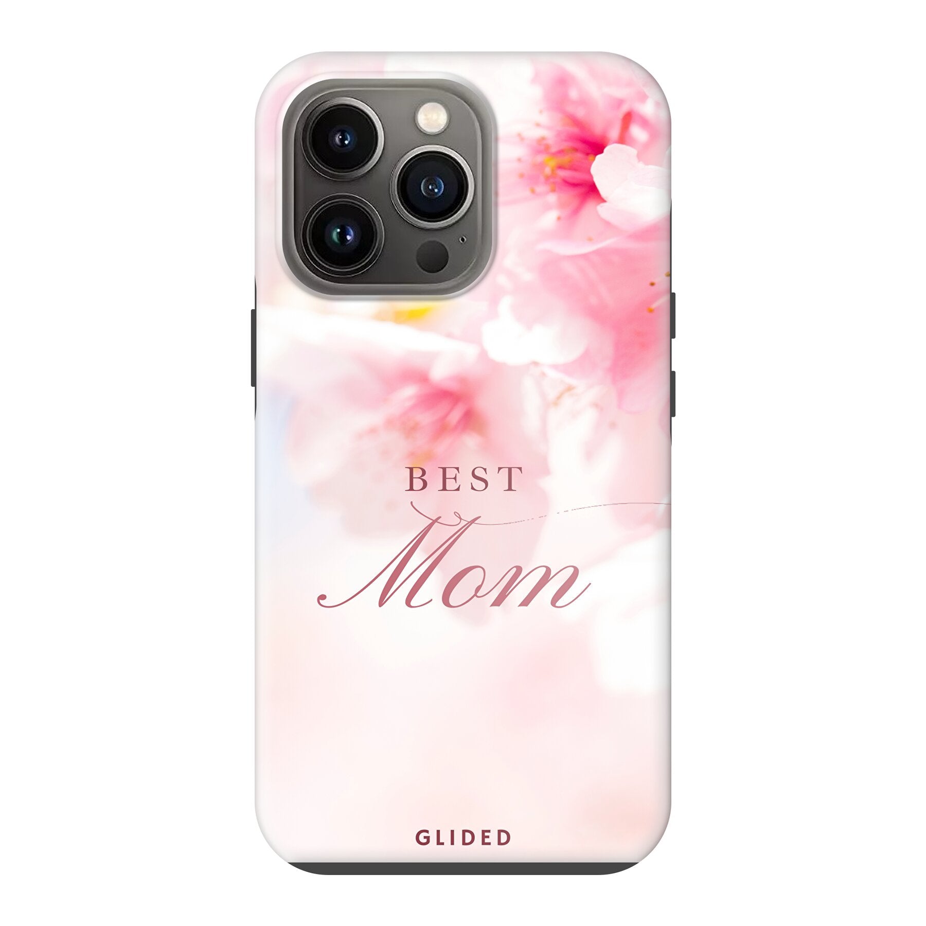 Flower Power iPhone 13 Pro Handyhülle mit rosa Blumen und 'Best Mom'-Aufschrift, ideal für Mütter.