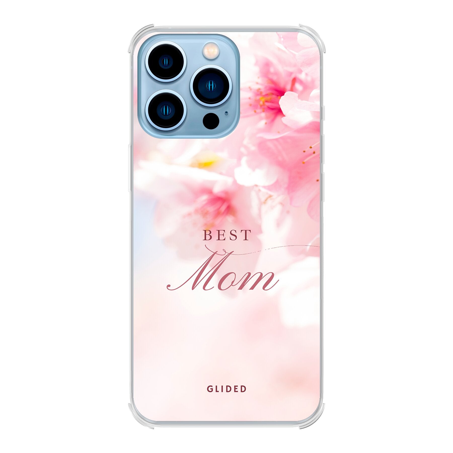 Flower Power iPhone 13 Pro Handyhülle mit rosa Blumen und 'Best Mom'-Aufschrift, ideal für Mütter.