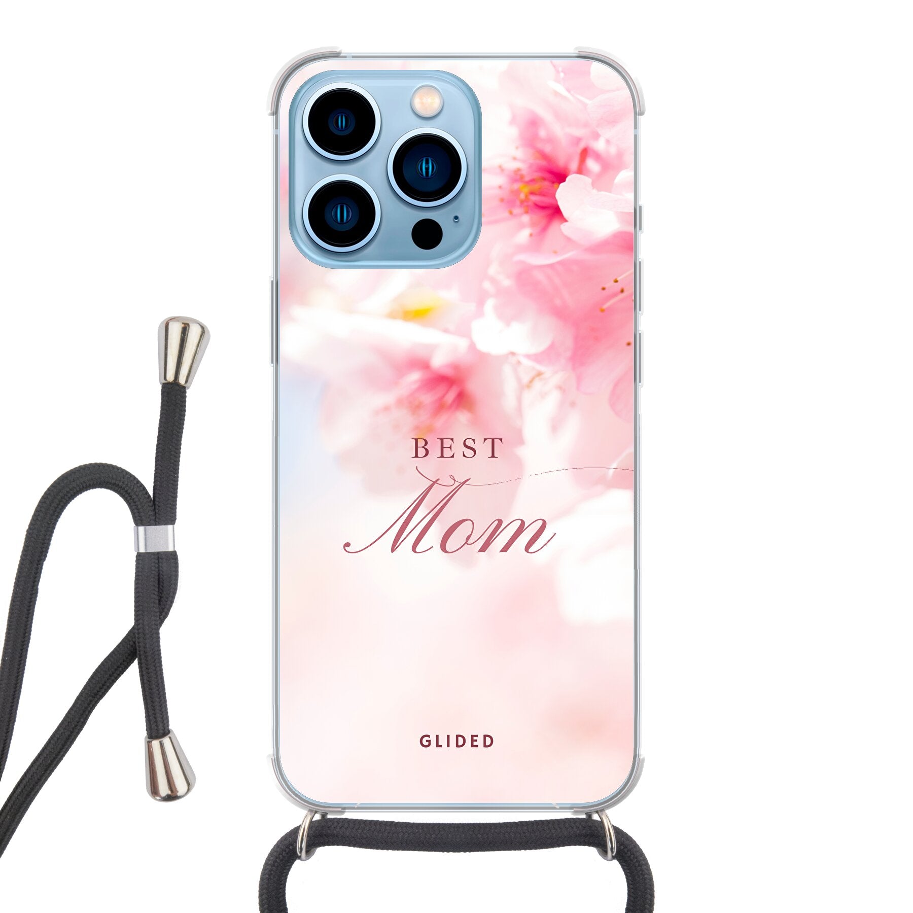 Flower Power iPhone 13 Pro Handyhülle mit rosa Blumen und 'Best Mom'-Aufschrift, ideal für Mütter.