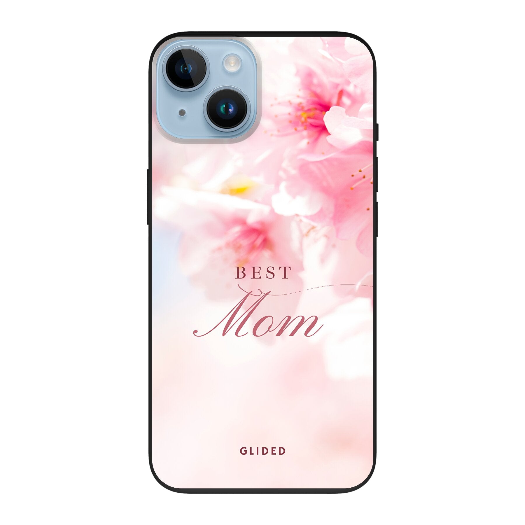 Flower Power iPhone 14 Handyhülle mit rosa Blumen und 'Best Mom'-Aufschrift, ideal für Mütter.