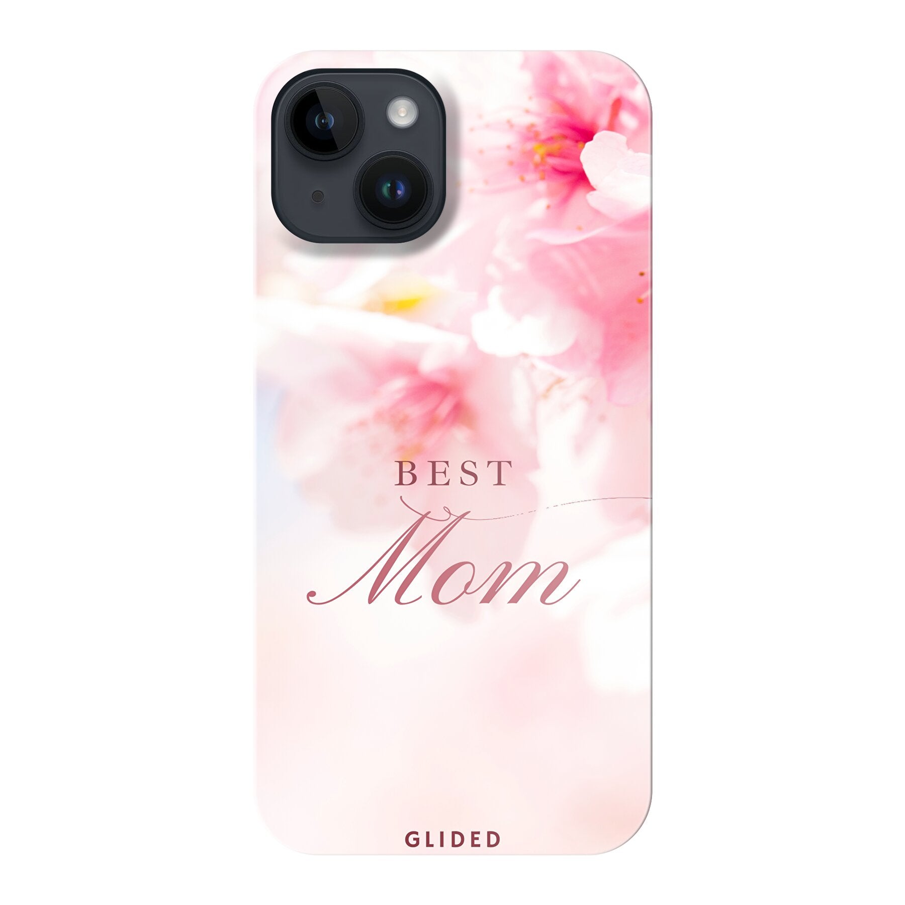 Flower Power iPhone 14 Handyhülle mit rosa Blumen und 'Best Mom'-Aufschrift, ideal für Mütter.