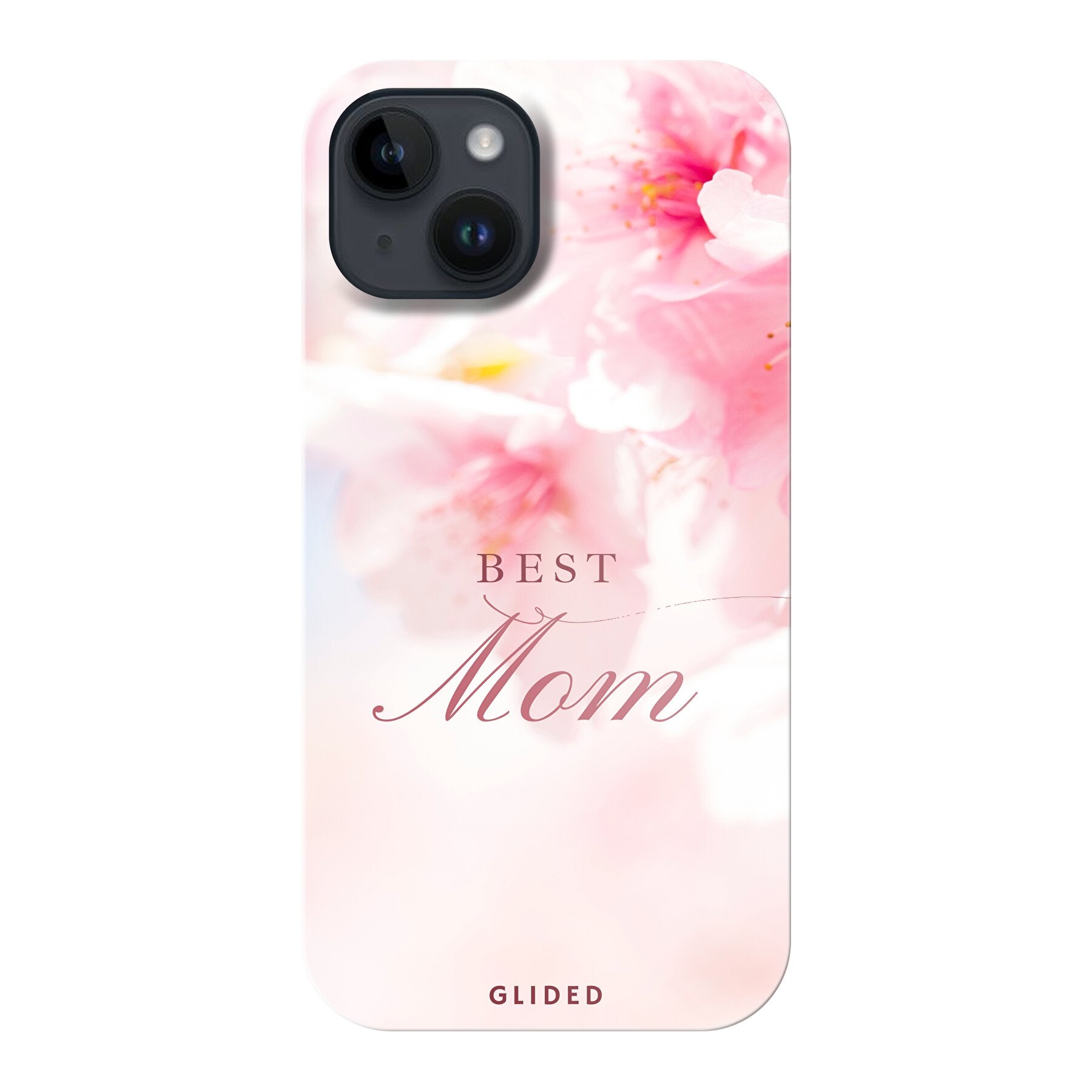 Flower Power iPhone 14 Handyhülle mit rosa Blumen und 'Best Mom'-Aufschrift, ideal für Mütter.