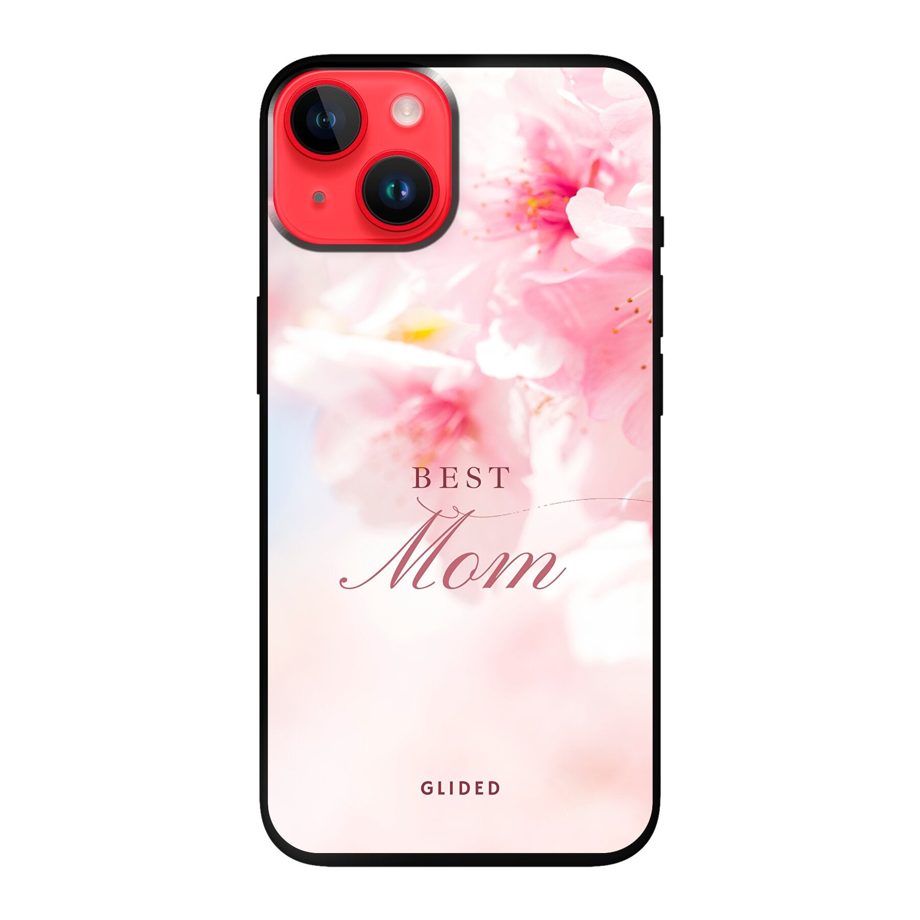 Flower Power iPhone 14 Handyhülle mit rosa Blumen und 'Best Mom'-Aufschrift, ideal für Mütter.