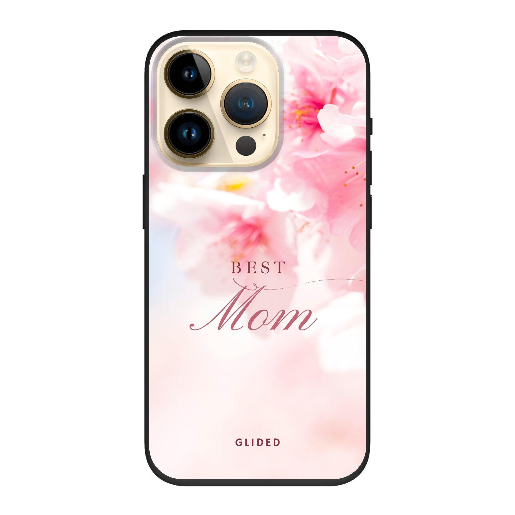 Flower Power iPhone 14 Pro Handyhülle mit rosa Blumen und 'Best Mom'-Aufschrift, ideal als Geschenk für Mütter.