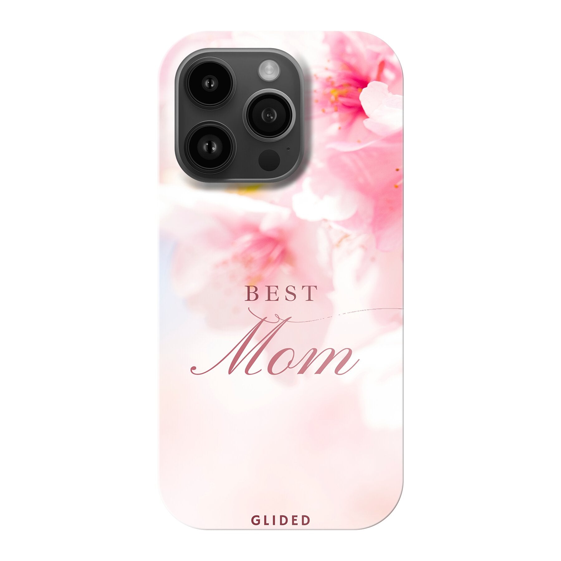 Flower Power iPhone 14 Pro Handyhülle mit rosa Blumen und 'Best Mom'-Aufschrift, ideal als Geschenk für Mütter.